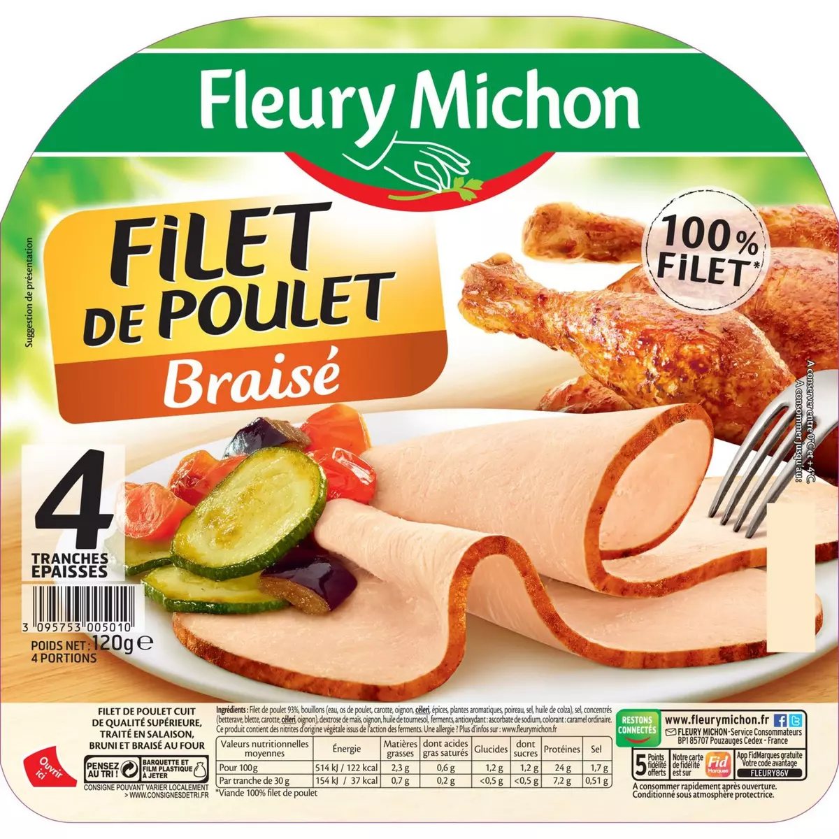 FLEURY MICHON Filet de poulet braisé 4 tranches 120g