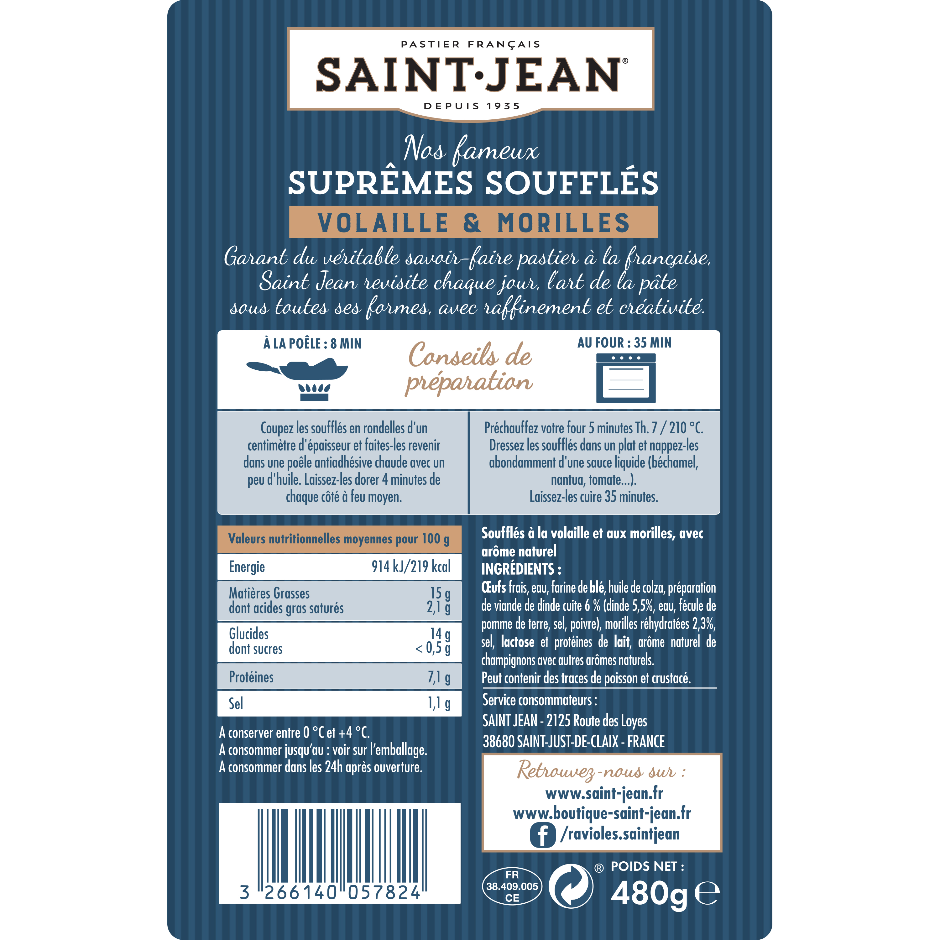 Voir la diapositive 2 : SAINT JEAN Suprêmes soufflés Volaille Morilles 4 pièces 4x120 g
