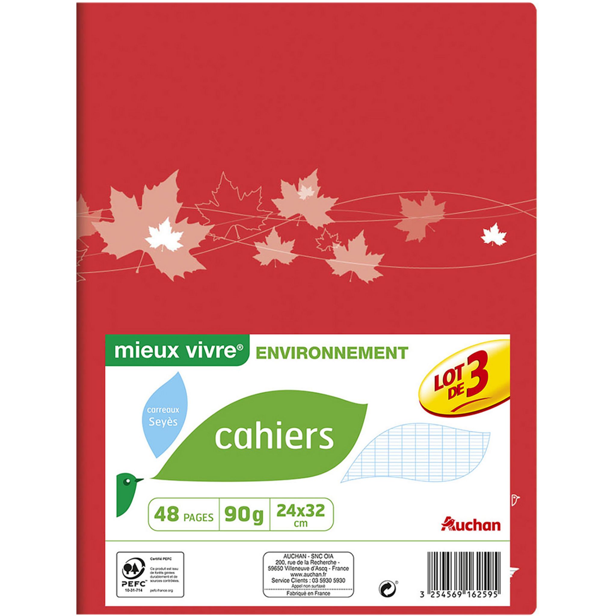 AUCHAN Lot de 3 cahiers piqués 24x32cm 48 pages