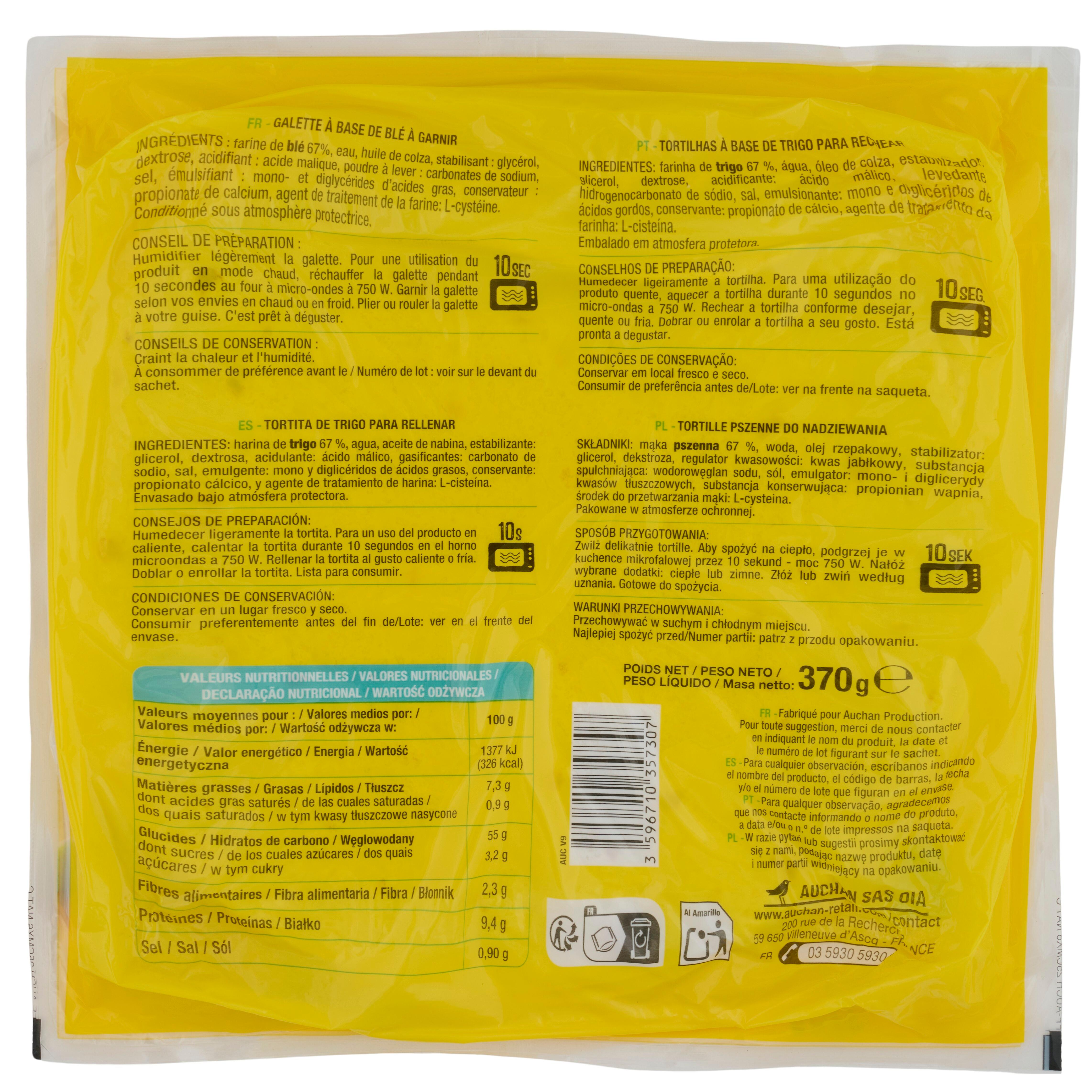 Voir la diapositive 2 : AUCHAN Wraps de blé 6 wraps 370g