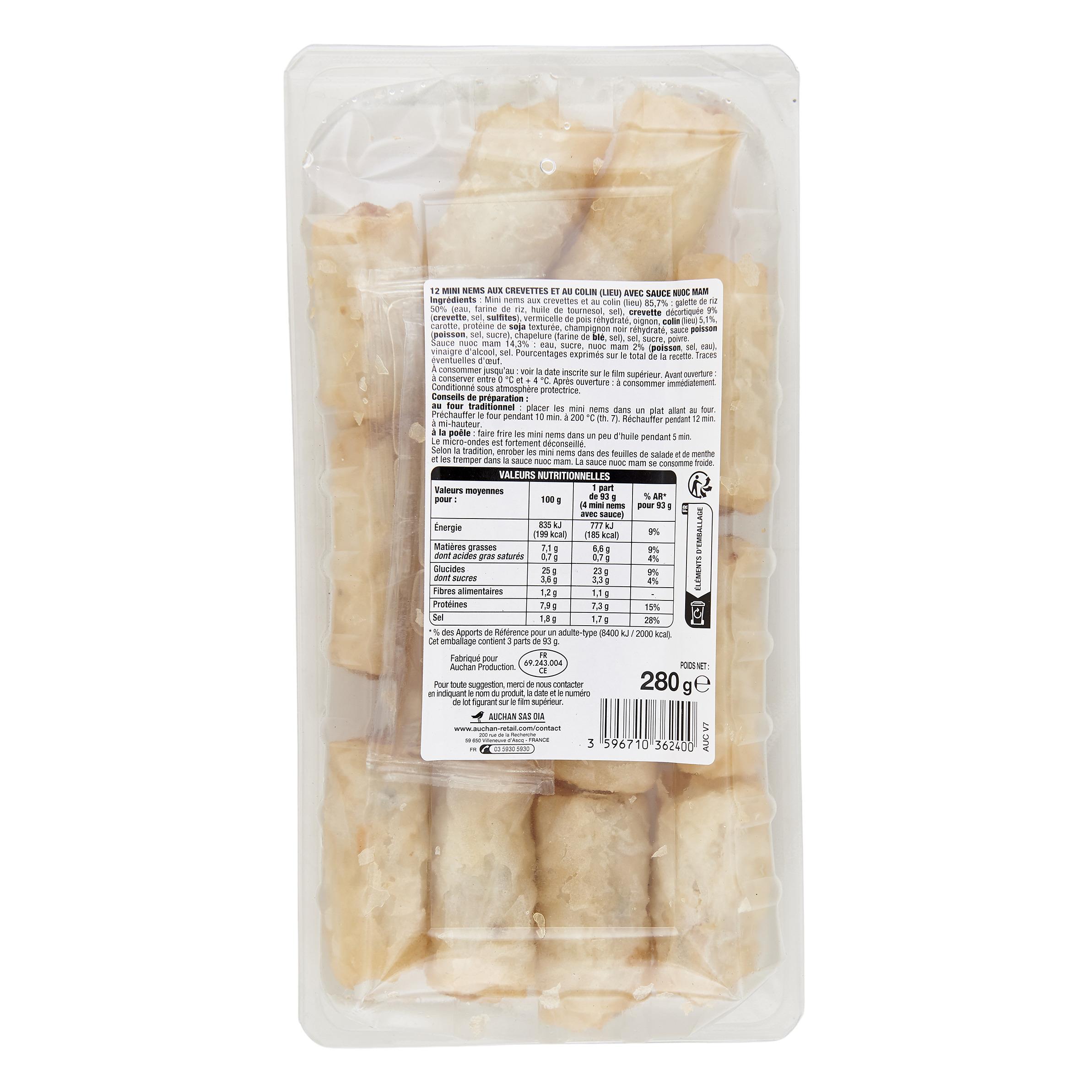 Voir la diapositive 2 : AUCHAN Mini nems aux crevettes et colin avec sauce nuoc nam 12 pièces 280g