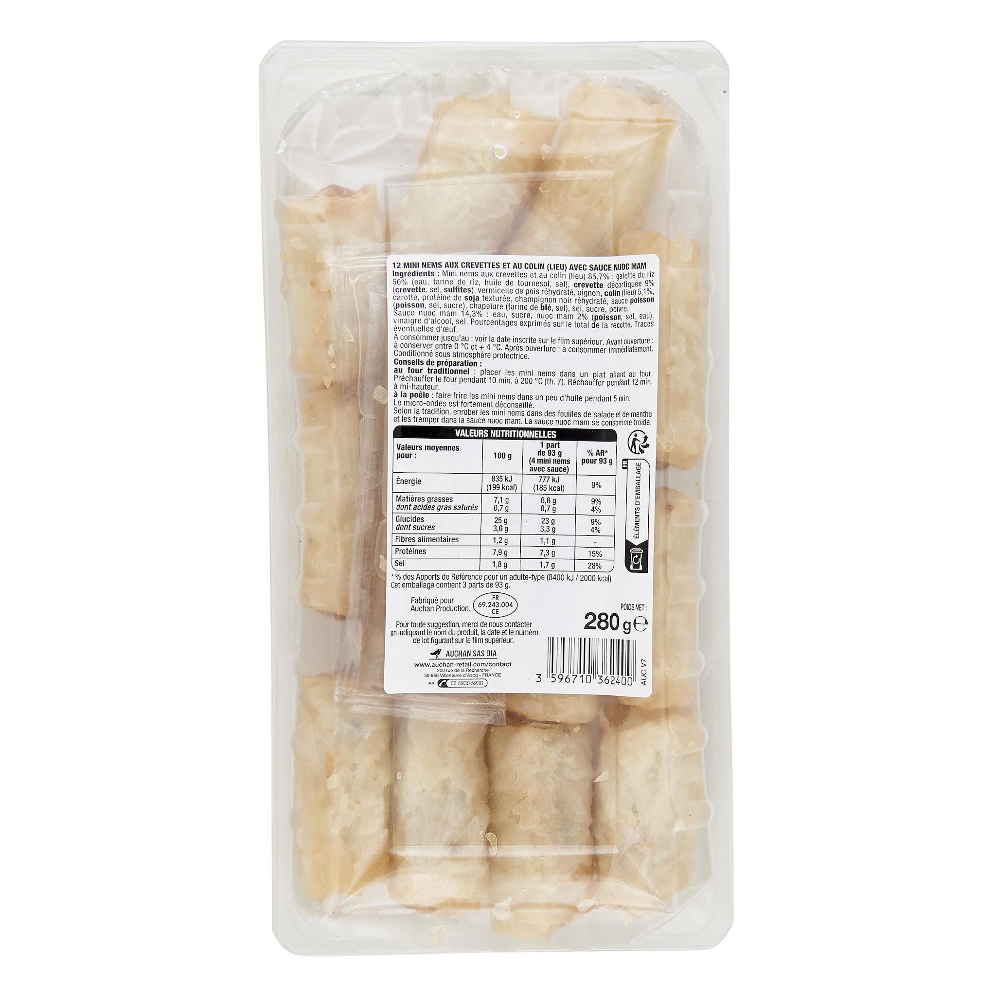 Voir la diapositive 2 : AUCHAN Mini nems aux crevettes et colin avec sauce nuoc nam 12 pièces 280g