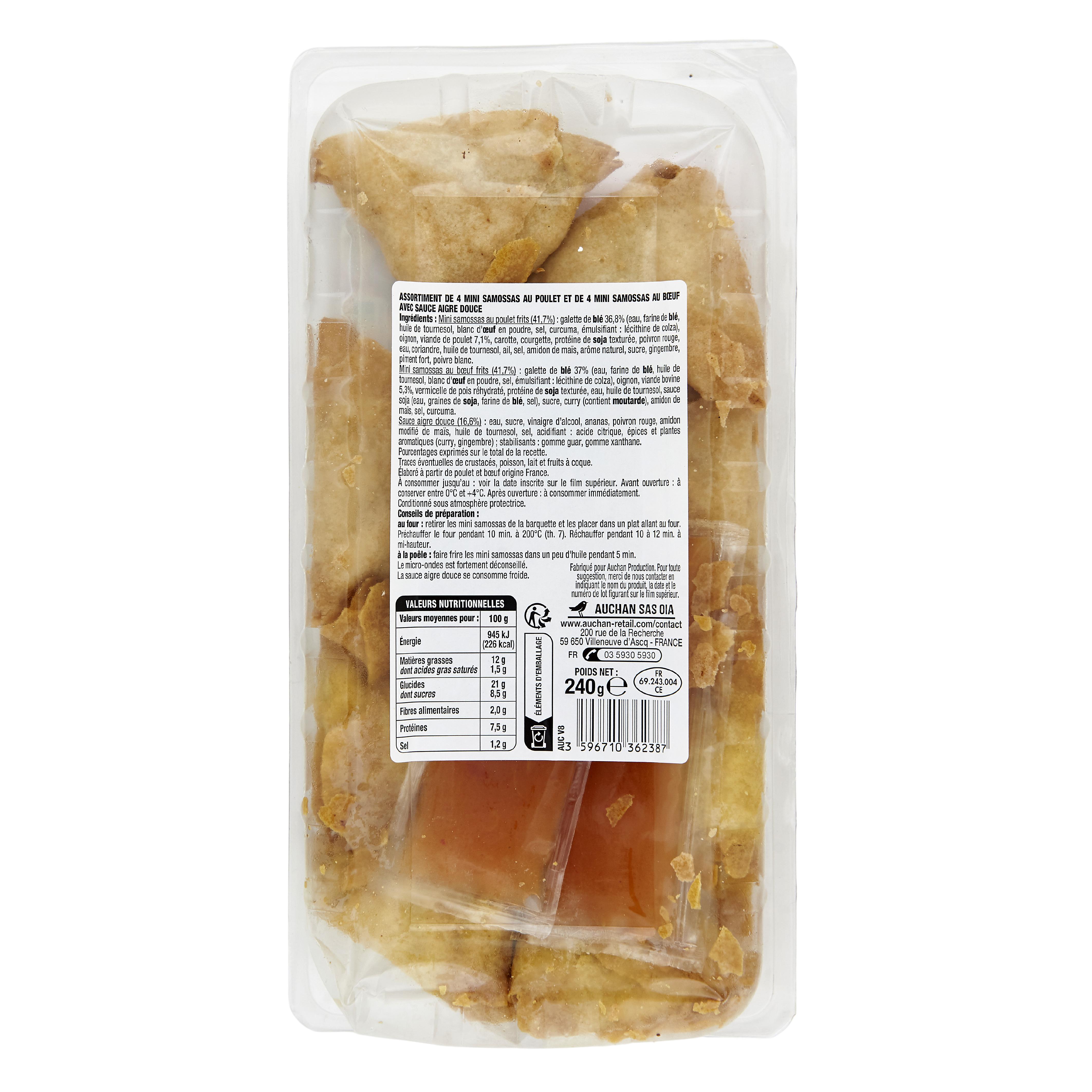 Voir la diapositive 2 : AUCHAN Mini samossa bœuf et volaille sauce aigre douce 8 pièces 240g