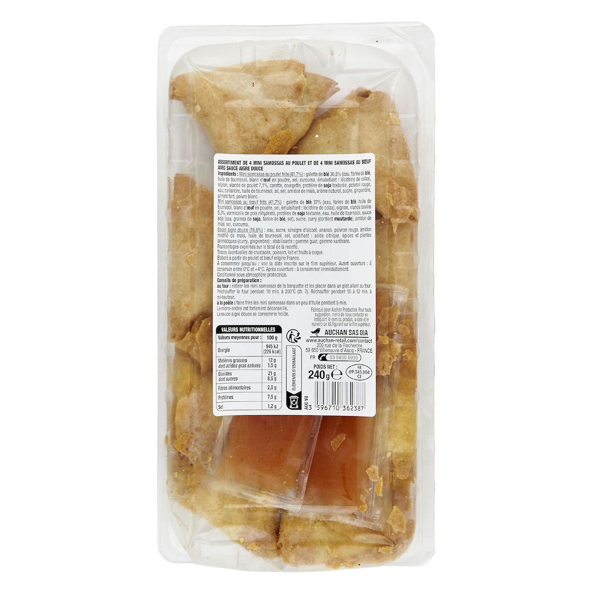 AUCHAN Mini samossa bœuf et volaille sauce aigre douce 8 pièces 240g