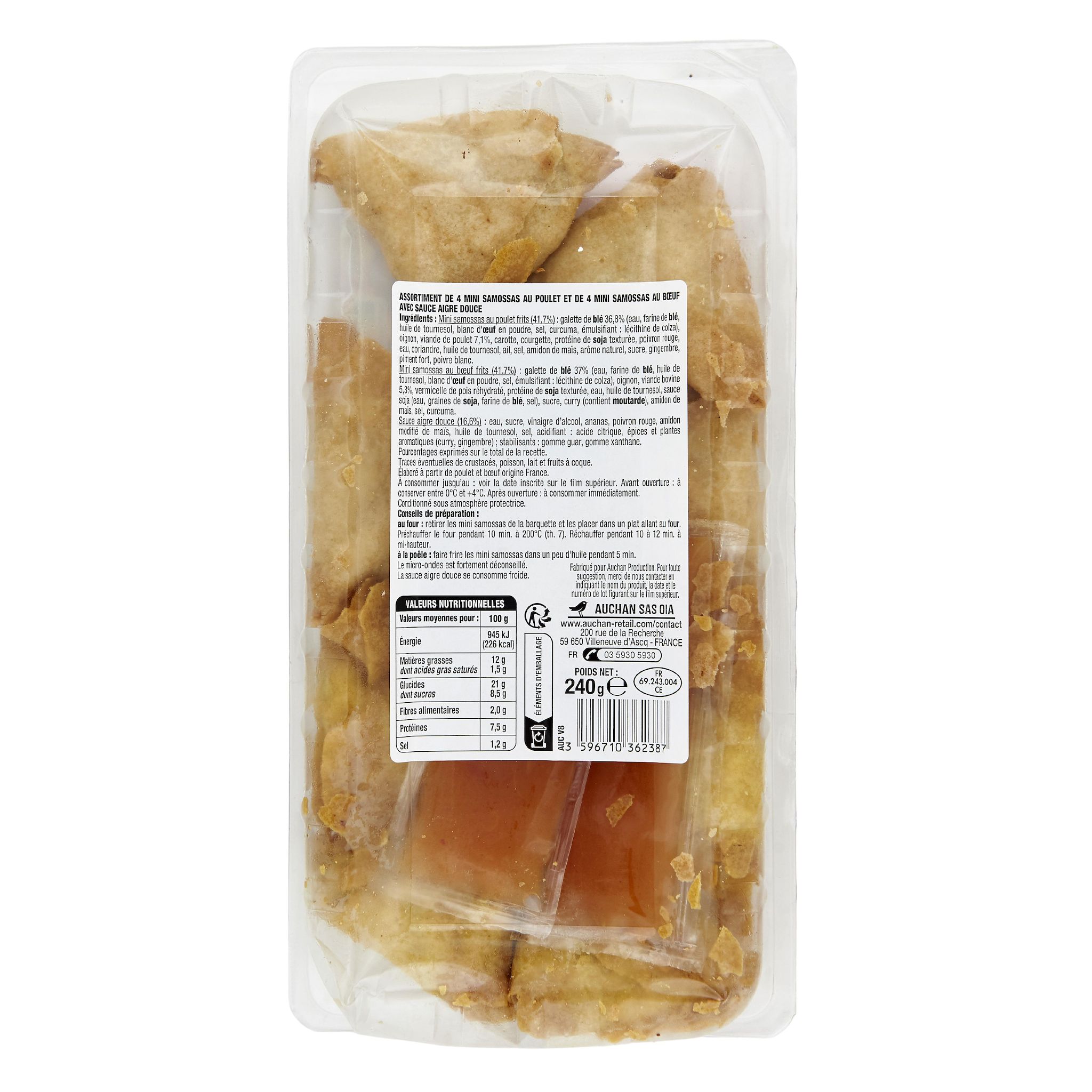Voir la diapositive 2 : AUCHAN Mini samossa bœuf et volaille sauce aigre douce 8 pièces 240g