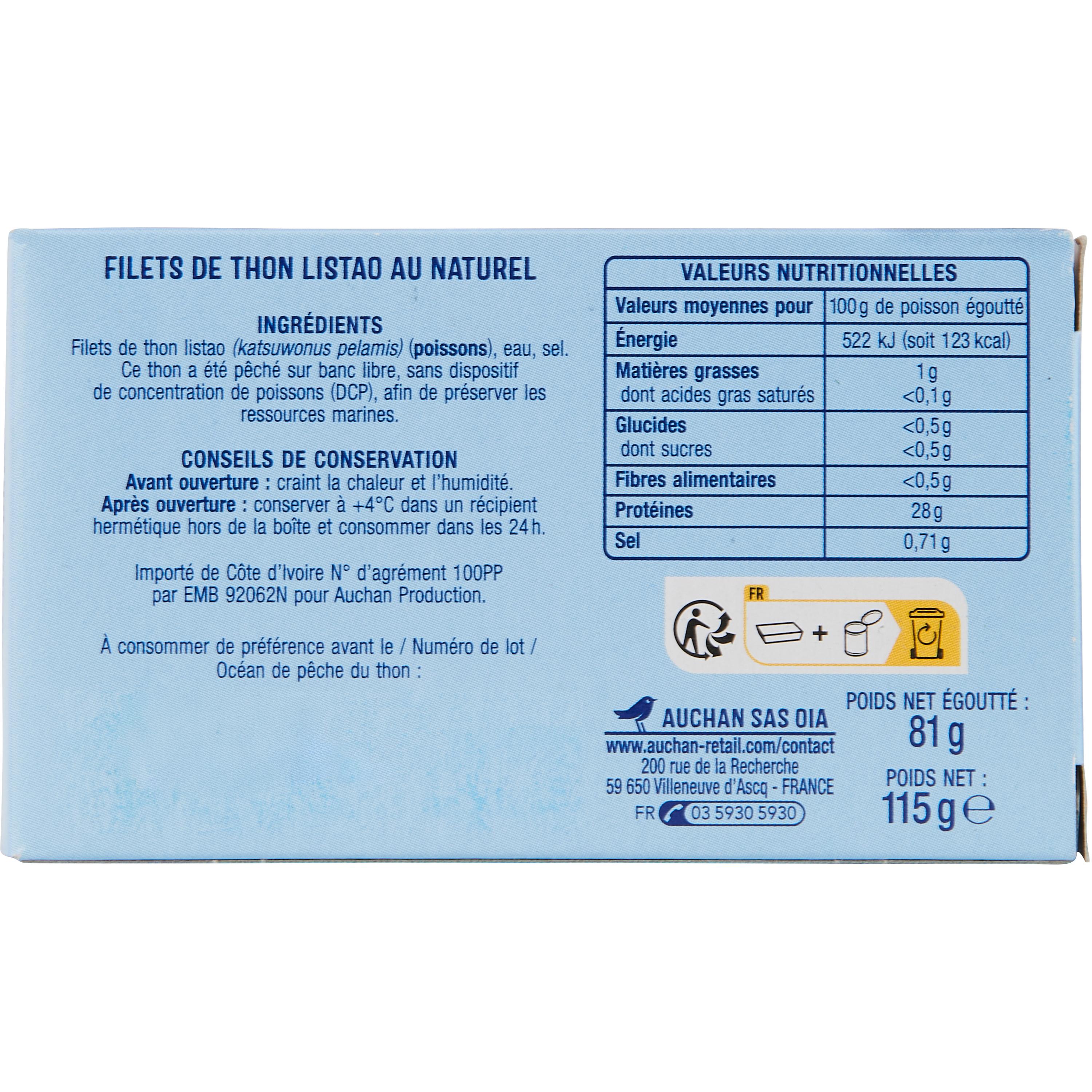 Voir la diapositive 2 : AUCHAN Filets de thon au naturel 81g