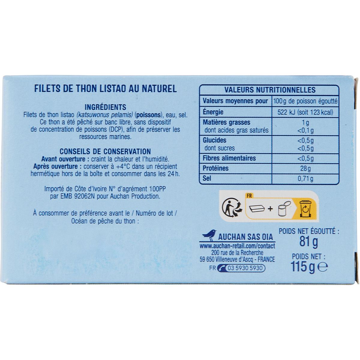 AUCHAN Filets de thon au naturel 81g