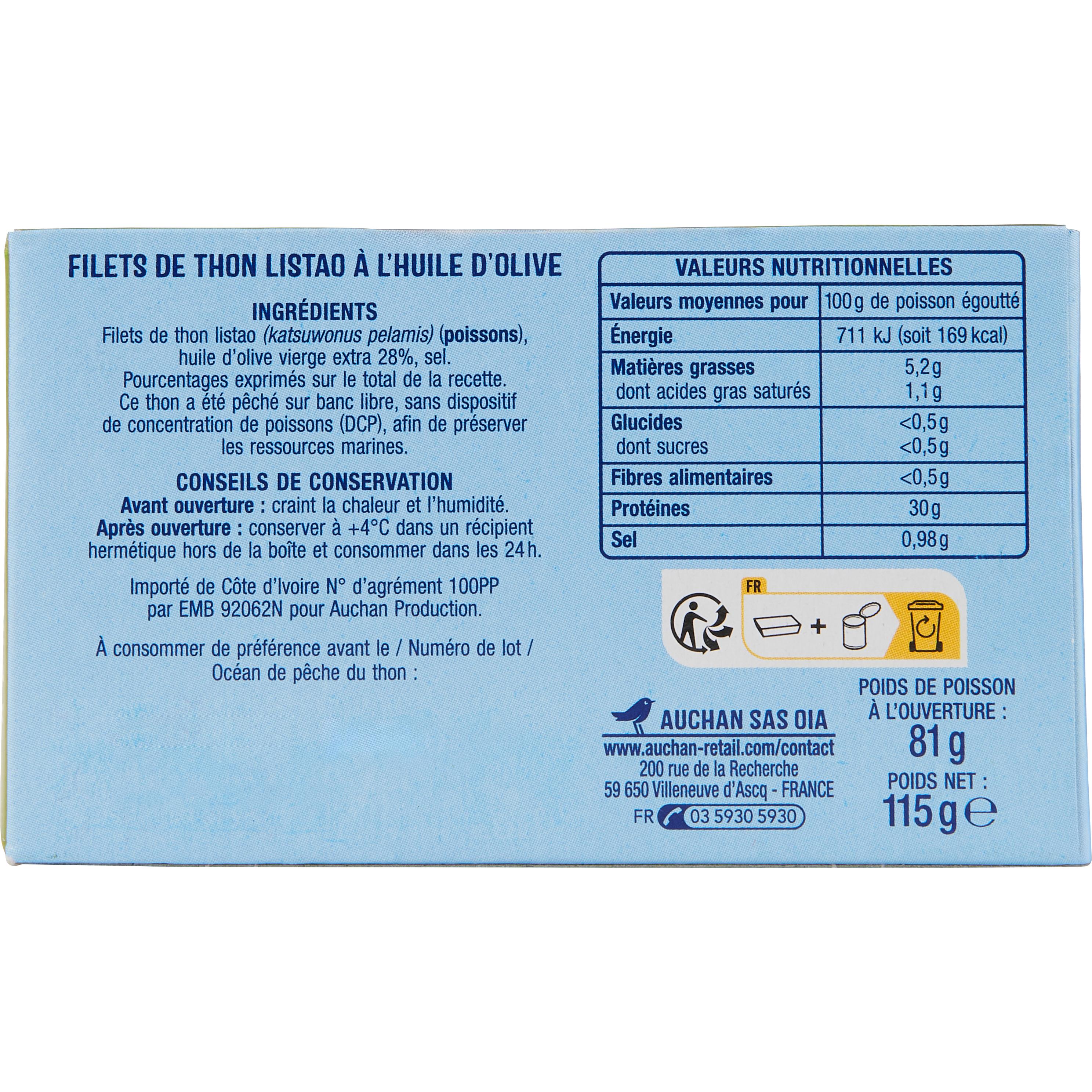 Voir la diapositive 2 : AUCHAN Filets de thon à l'huile d'olive 115g