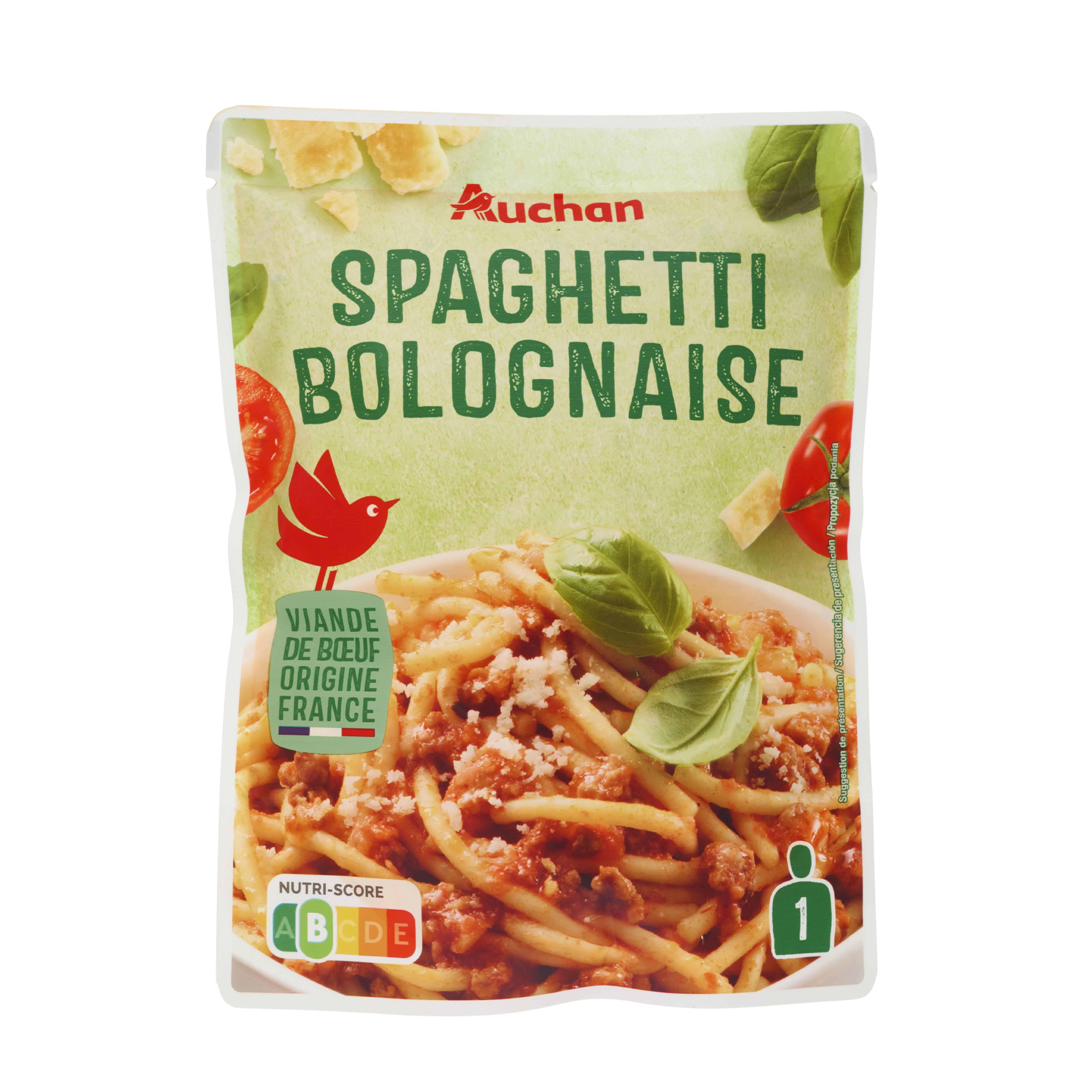 Voir la diapositive 3 : AUCHAN Spaghetti à la bolognaise sachet express prêt en 2 minutes 1 personne 200g