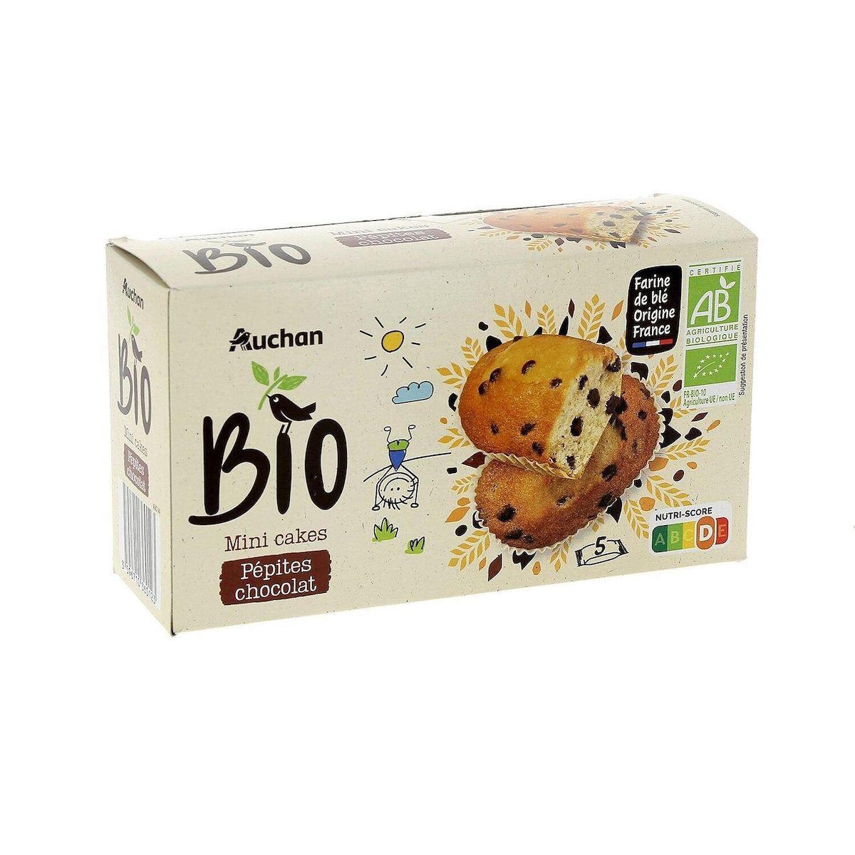 AUCHAN BIO Mini cakes aux pépites de chocolat sachets individuels 5 gâteaux 175g
