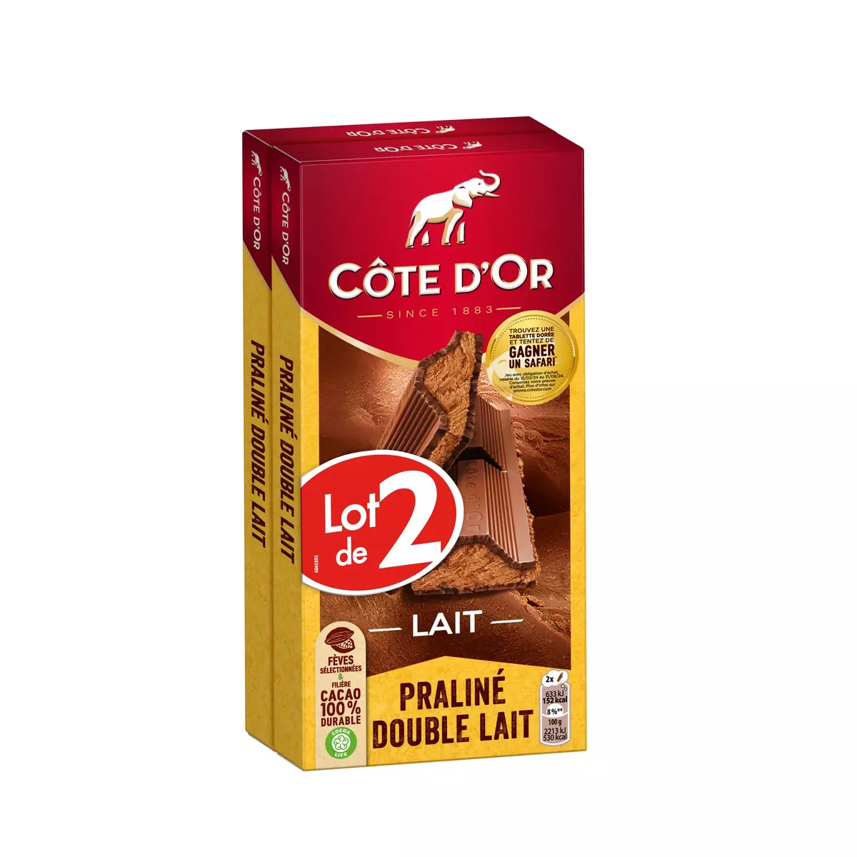 COTE D'OR Tablette de chocolat au lait fourrée praliné double lait 2 pièces 2x200g