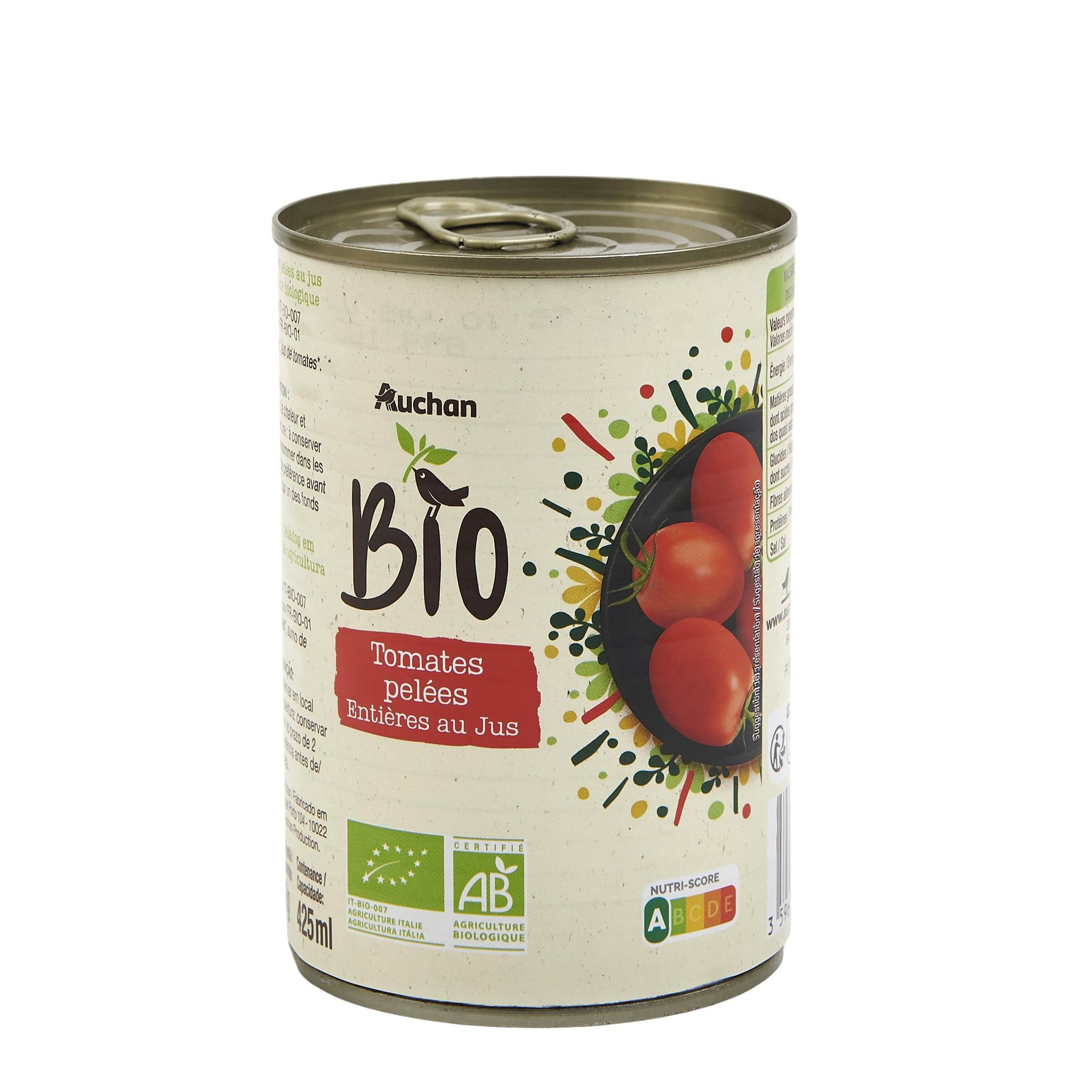 Voir la diapositive 2 : AUCHAN BIO Tomates pelées entières au jus de tomates 240g