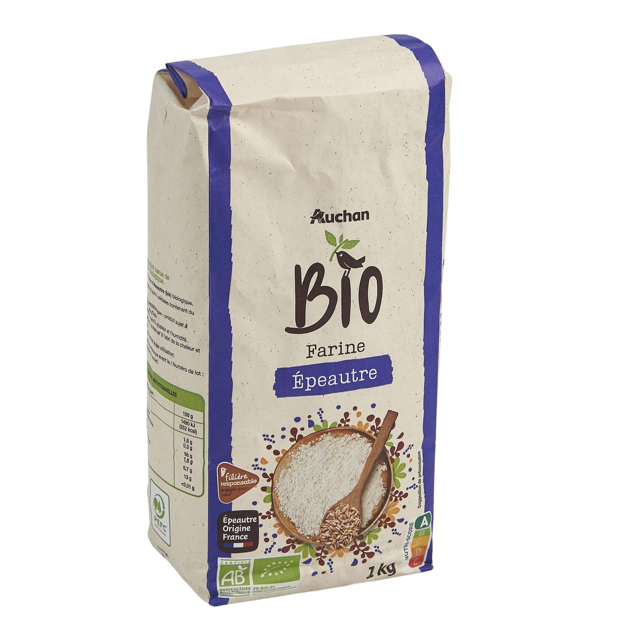 Voir la diapositive 2 : AUCHAN BIO CULTIVONS LE BON Farine d'épeautre T65 1kg