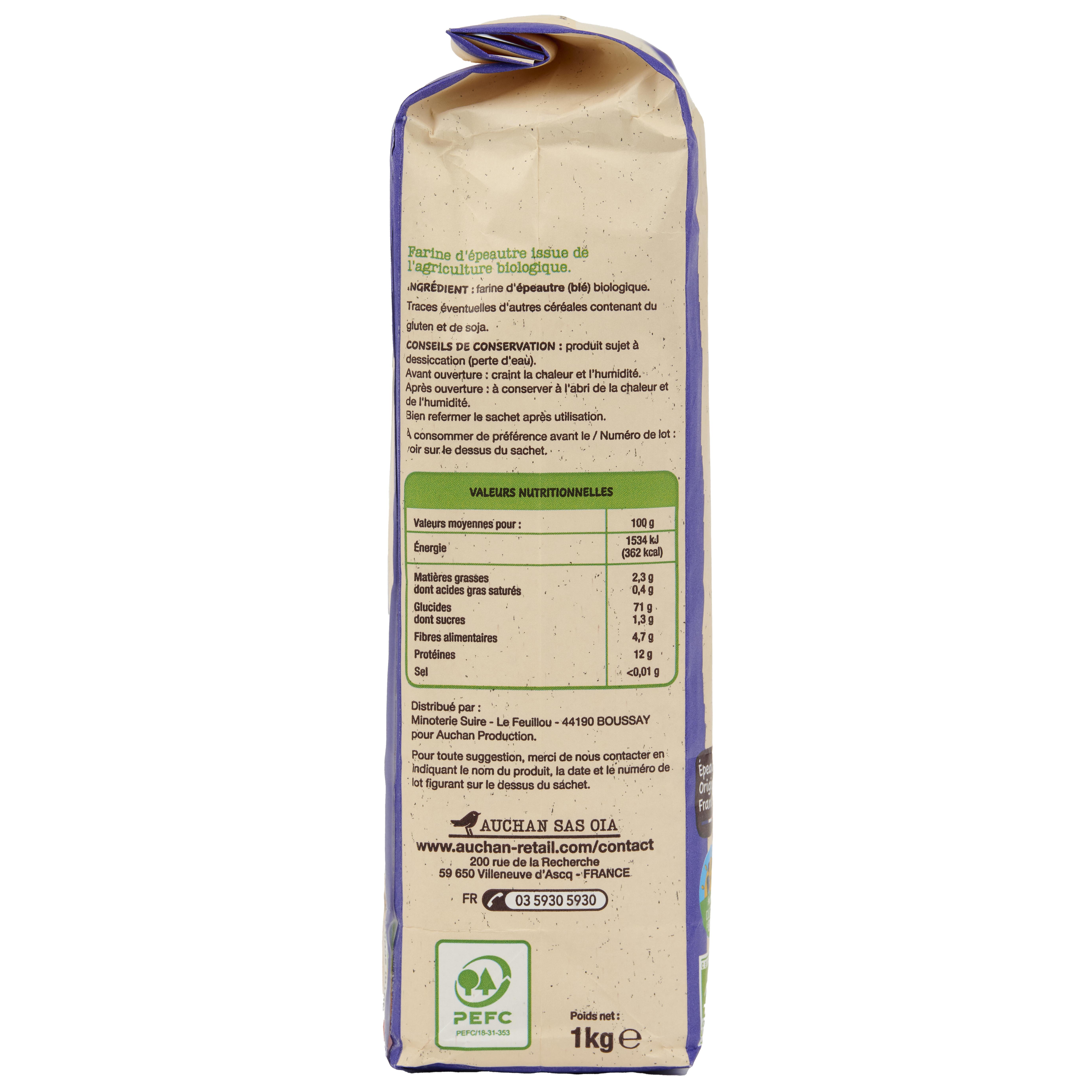 Voir la diapositive 3 : AUCHAN BIO CULTIVONS LE BON Farine d'épeautre T65 1kg