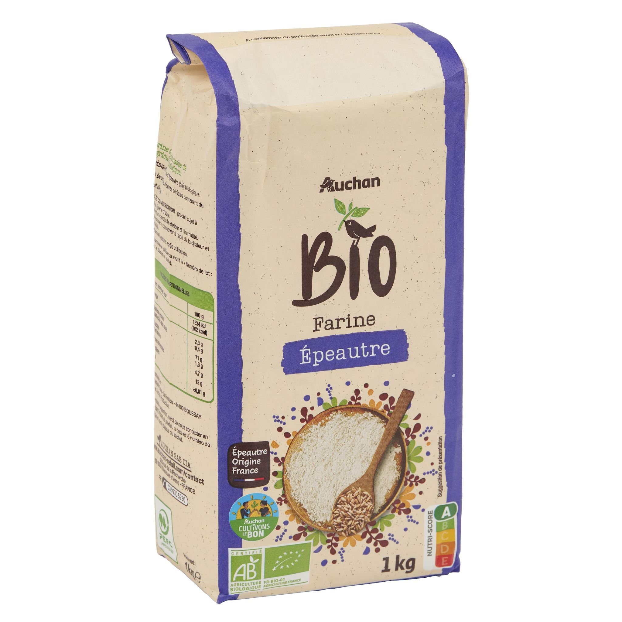 Voir la diapositive 4 : AUCHAN BIO CULTIVONS LE BON Farine d'épeautre T65 1kg