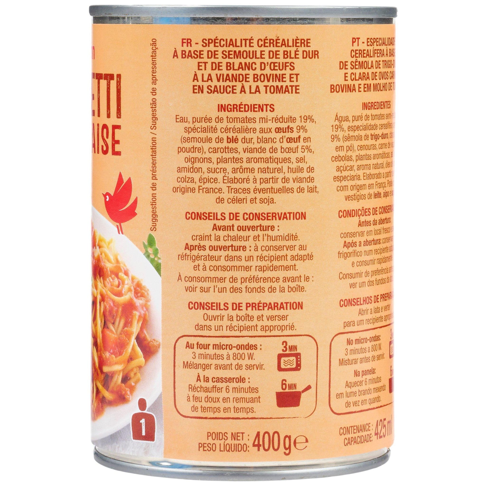 Voir la diapositive 3 : AUCHAN Spaghetti bolognaise 1 personne 400g