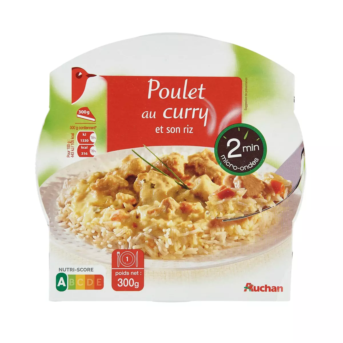 AUCHAN Poulet au curry et son riz barquette 2min au micro-ondes 1 personne 300g