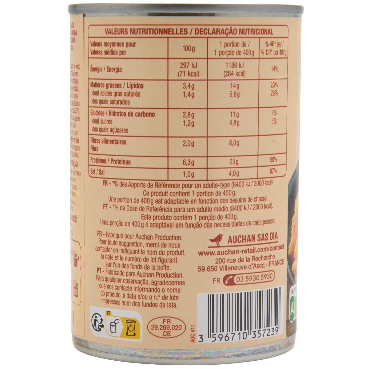 AUCHAN Potée aux choux 1 personne 400g