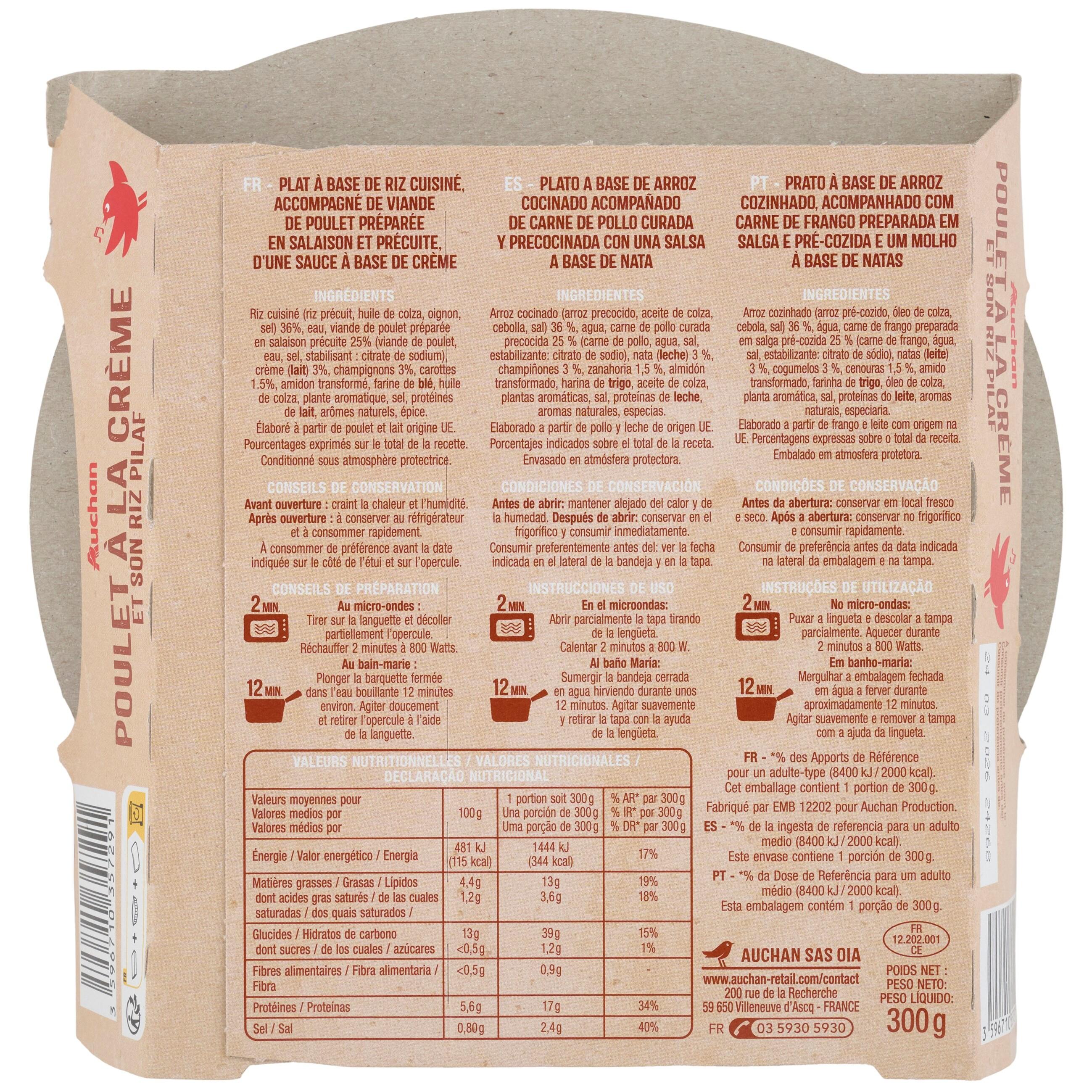 Voir la diapositive 2 : AUCHAN Poulet à la crème riz pilaf barquette prêt en 2 min 1 personne 300g