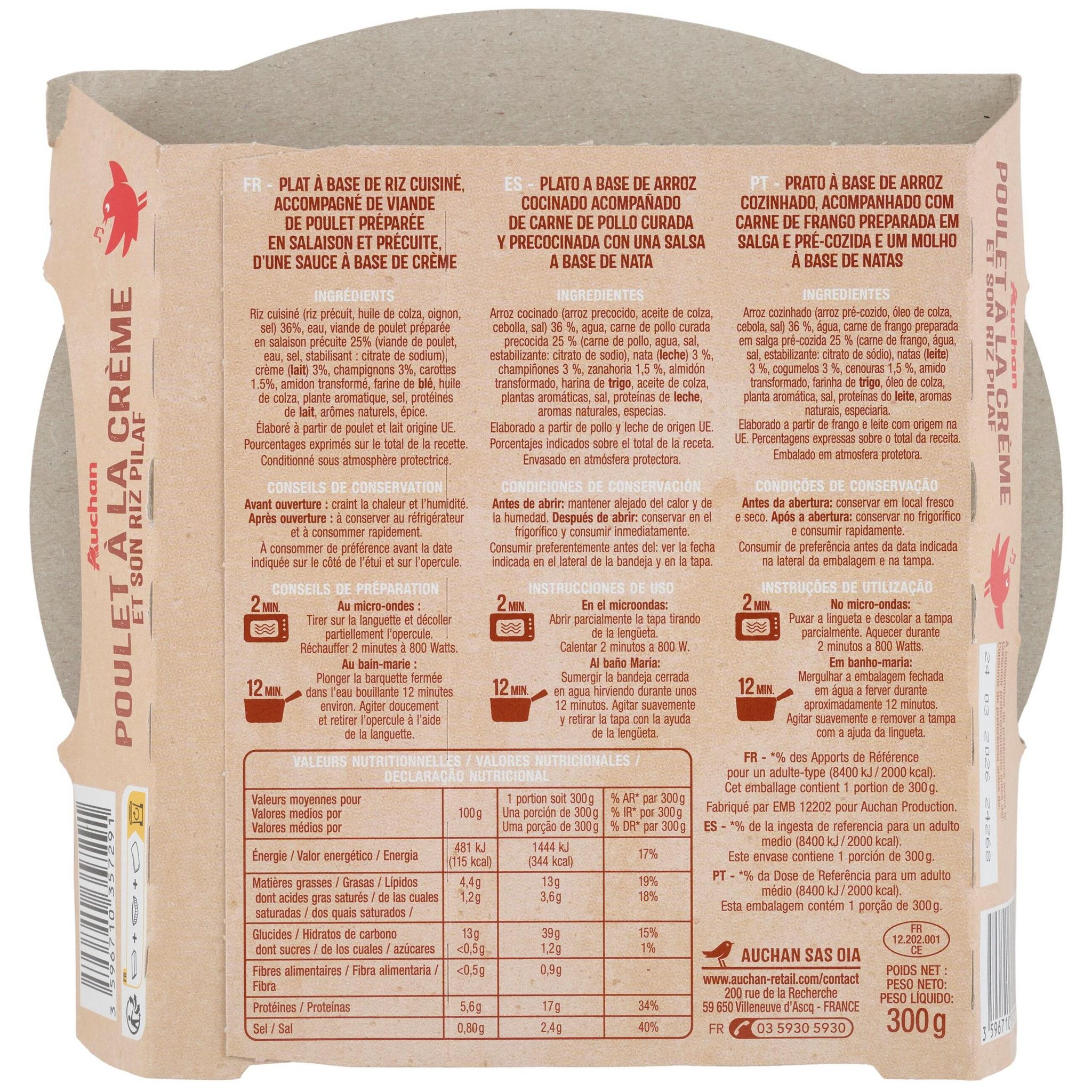 Voir la diapositive 2 : AUCHAN Poulet à la crème riz pilaf barquette prêt en 2 min 1 personne 300g
