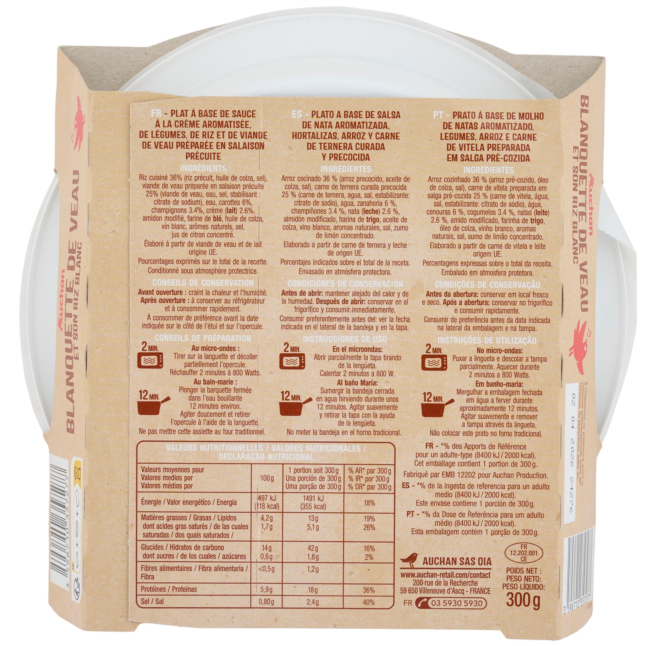 Voir la diapositive 2 : AUCHAN Blanquette de veau et riz prêt en 2min micro ondes 1 personne 300g