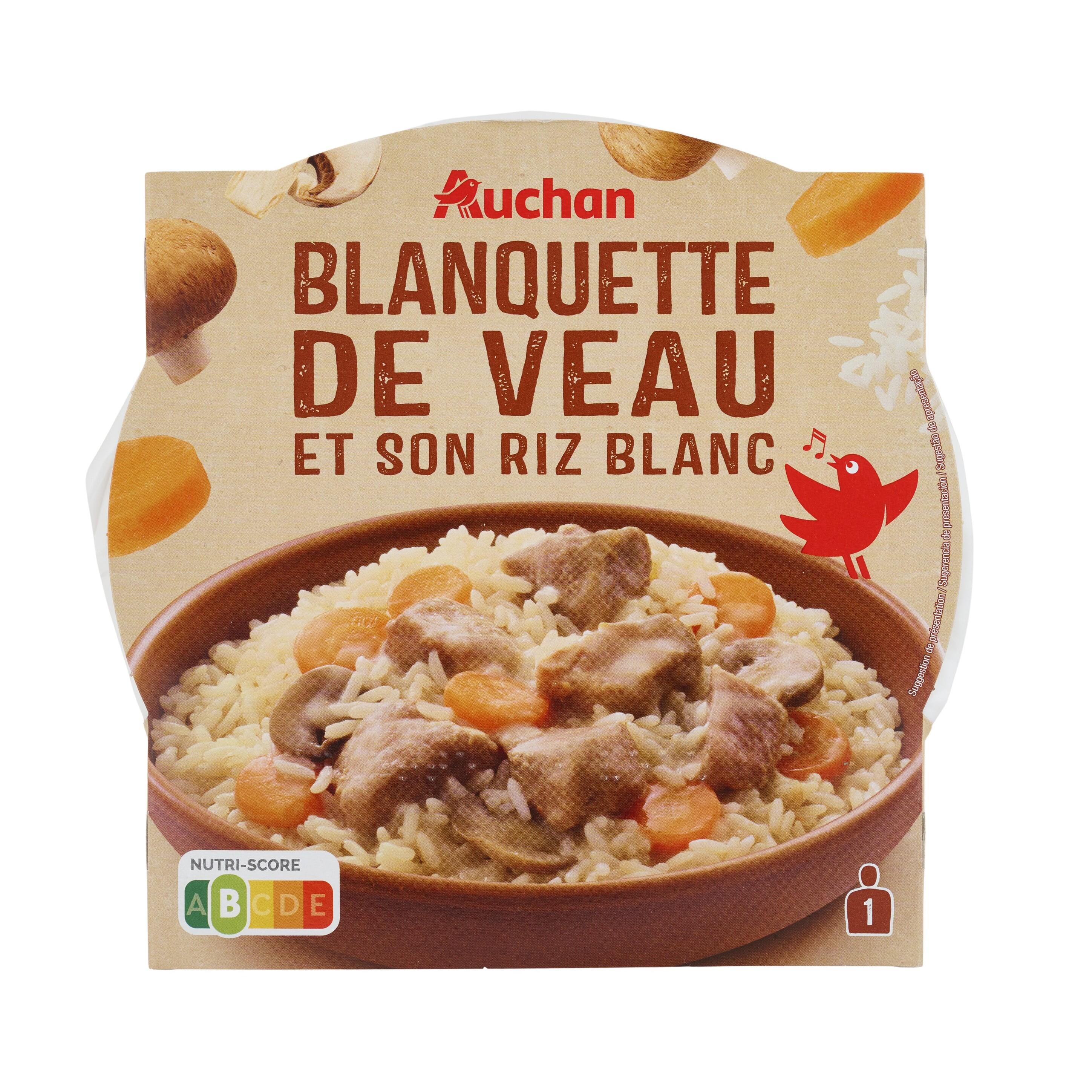 Voir la diapositive 3 : AUCHAN Blanquette de veau et riz prêt en 2min micro ondes 1 personne 300g