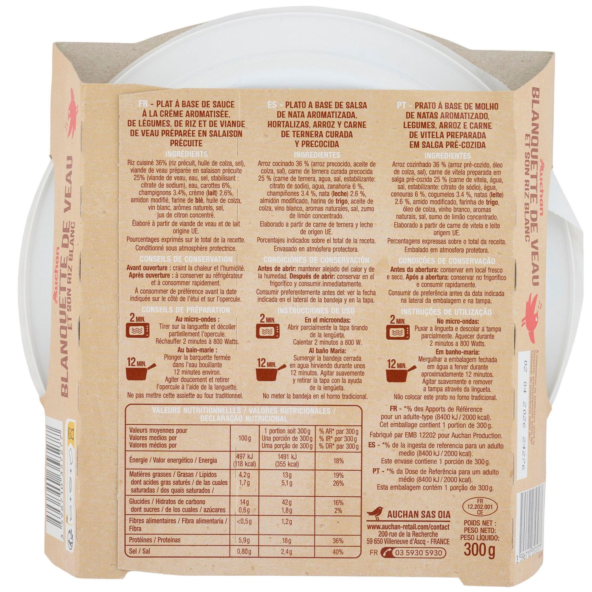 Voir la diapositive 3 : AUCHAN Blanquette de veau et riz prêt en 2min micro ondes 1 personne 300g