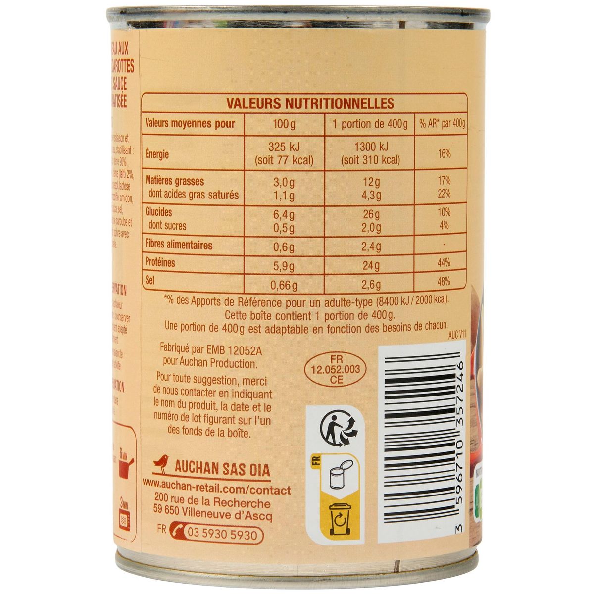 AUCHAN Blanquette de veau 1 portion 400g