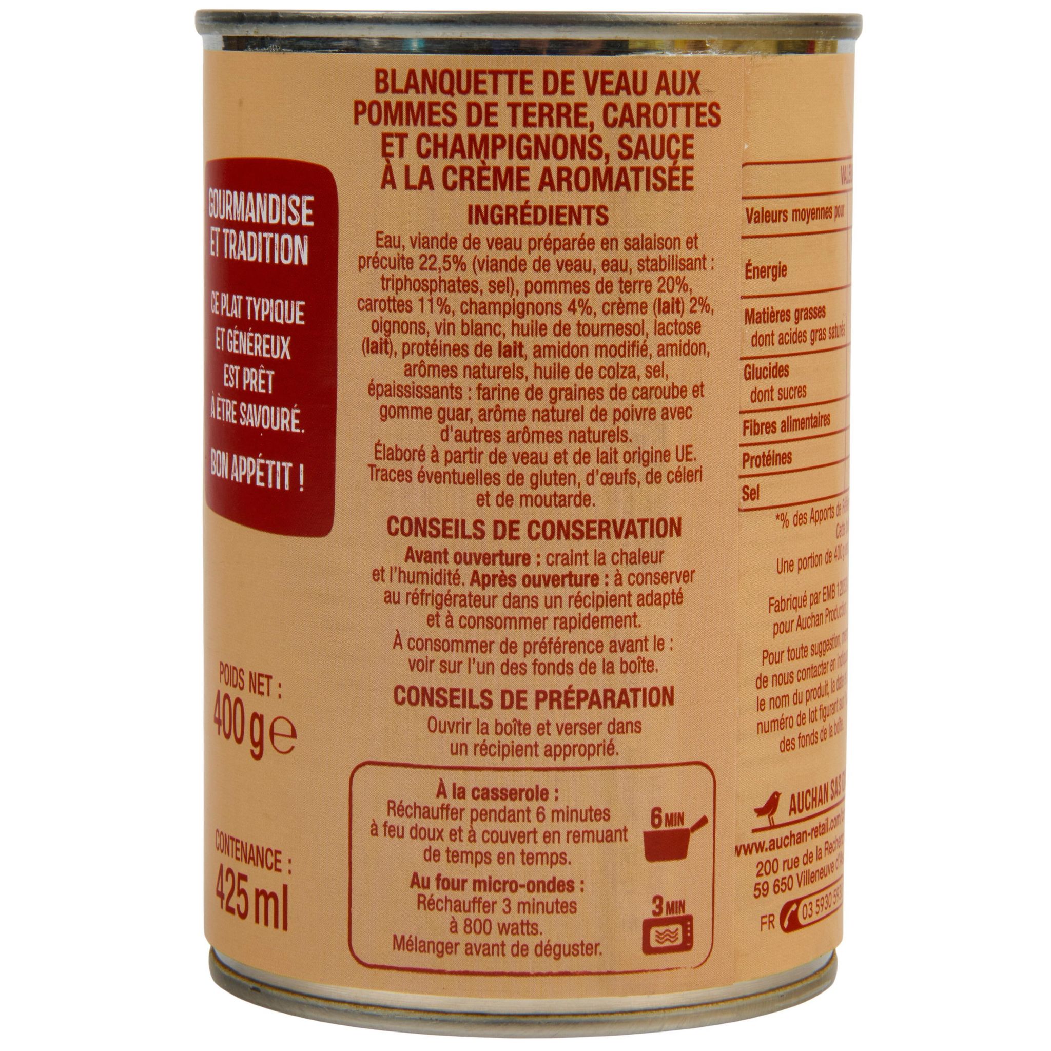 Voir la diapositive 4 : AUCHAN Blanquette de veau 1 portion 400g