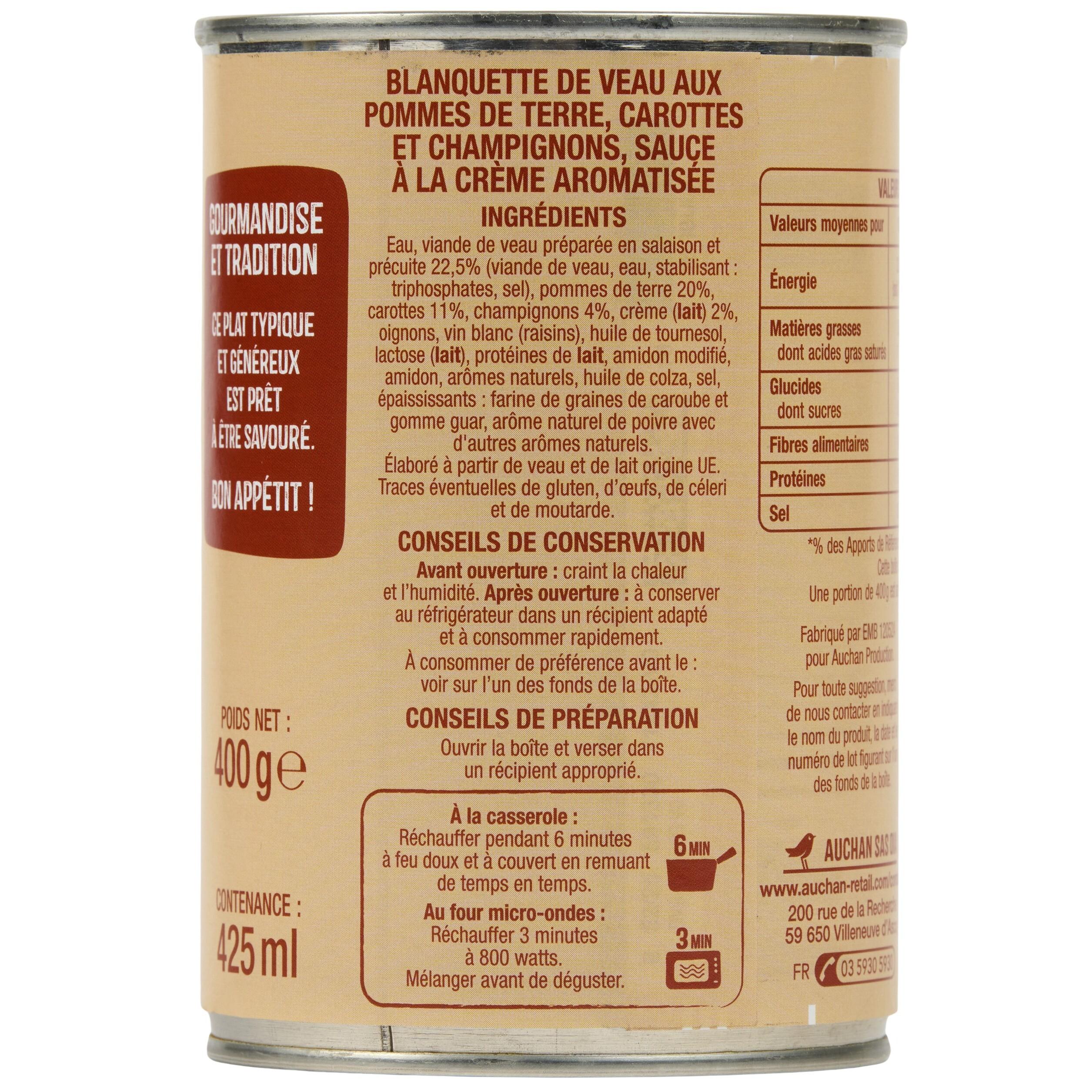 Voir la diapositive 5 : AUCHAN Blanquette de veau 1 portion 400g