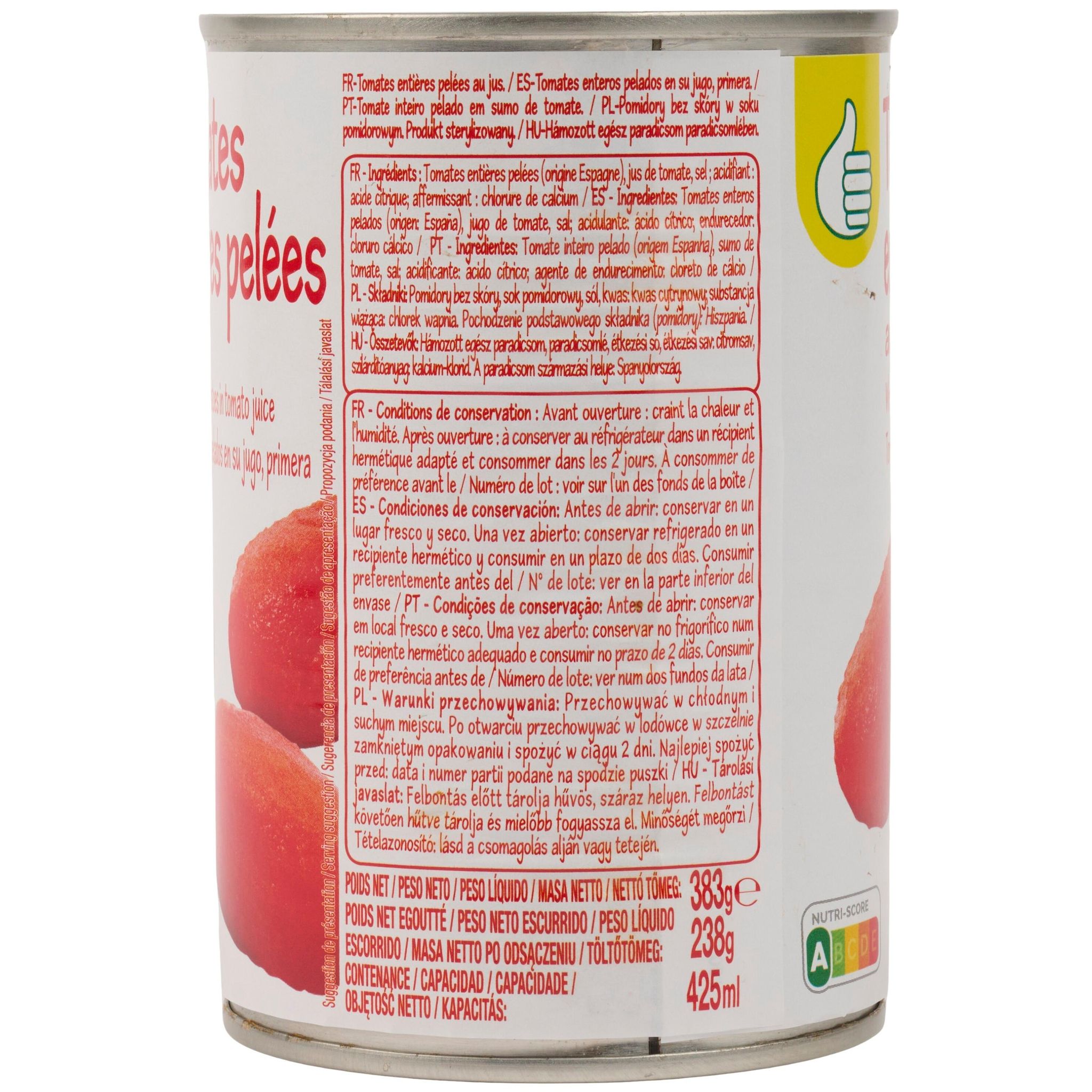 Voir la diapositive 4 : POUCE Tomates entières pelées au jus 238g