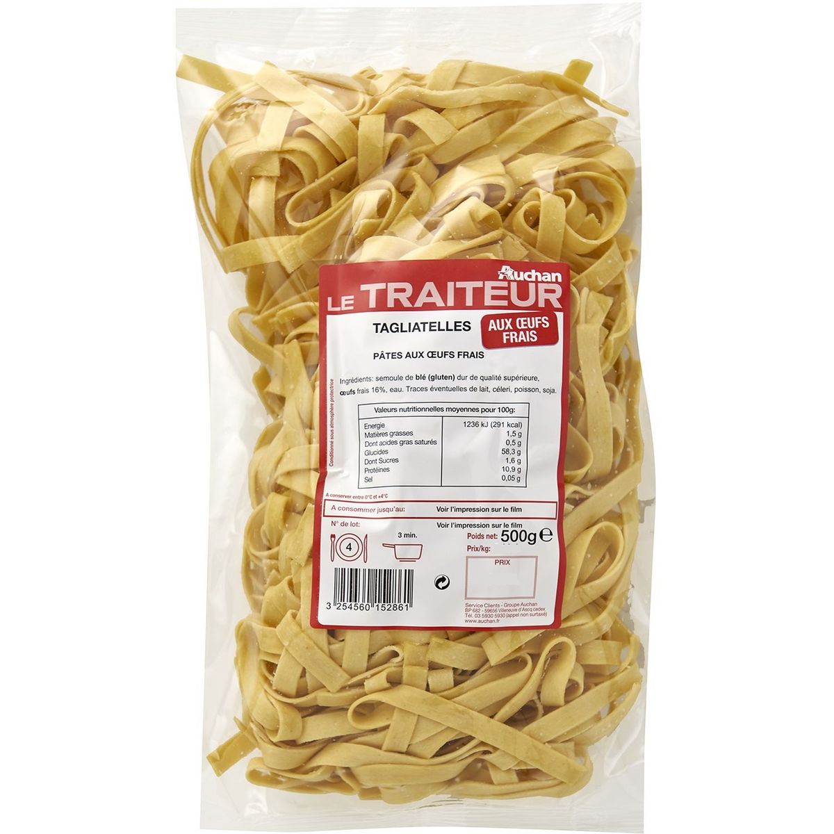 AUCHAN LE TRAITEUR Tagliatelles aux oeufs frais 4 parts 500g