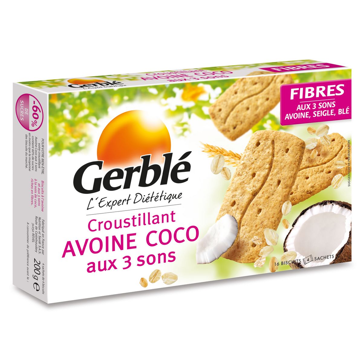 GERBLE Biscuits crousti avoine saveur coco aux 3 sons, sachets fraîcheur 4x4 biscuits 200g