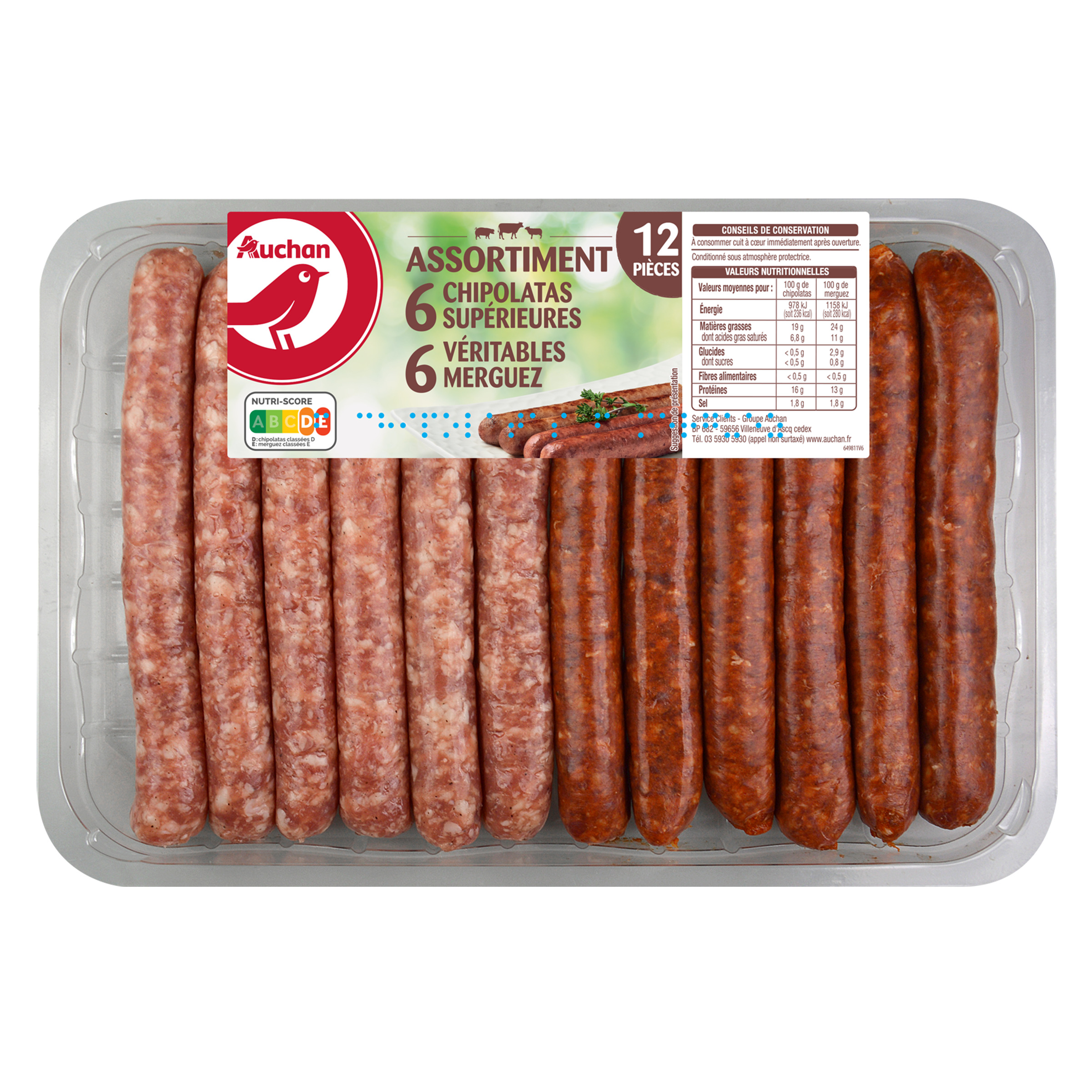 Voir la diapositive 2 : AUCHAN Assortiment de chipolatas supérieures et merguez véritables 12 pièces 660g