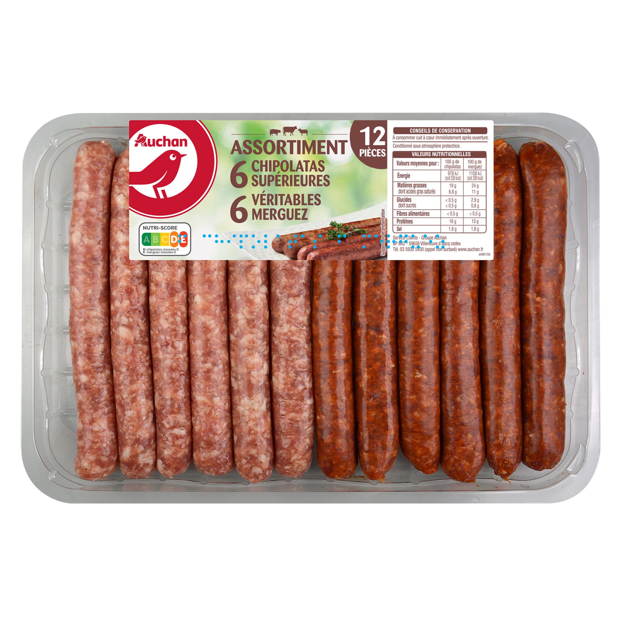 Voir la diapositive 2 : AUCHAN Assortiment de chipolatas supérieures et merguez véritables 12 pièces 660g