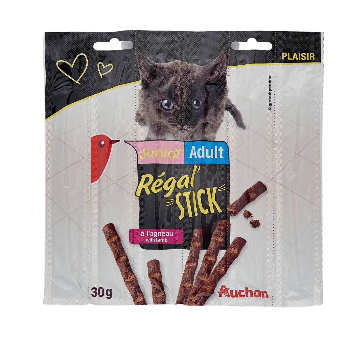 AUCHAN Friandises régal'stick à l'agneau pour chaton et chat 6 sticks 30g