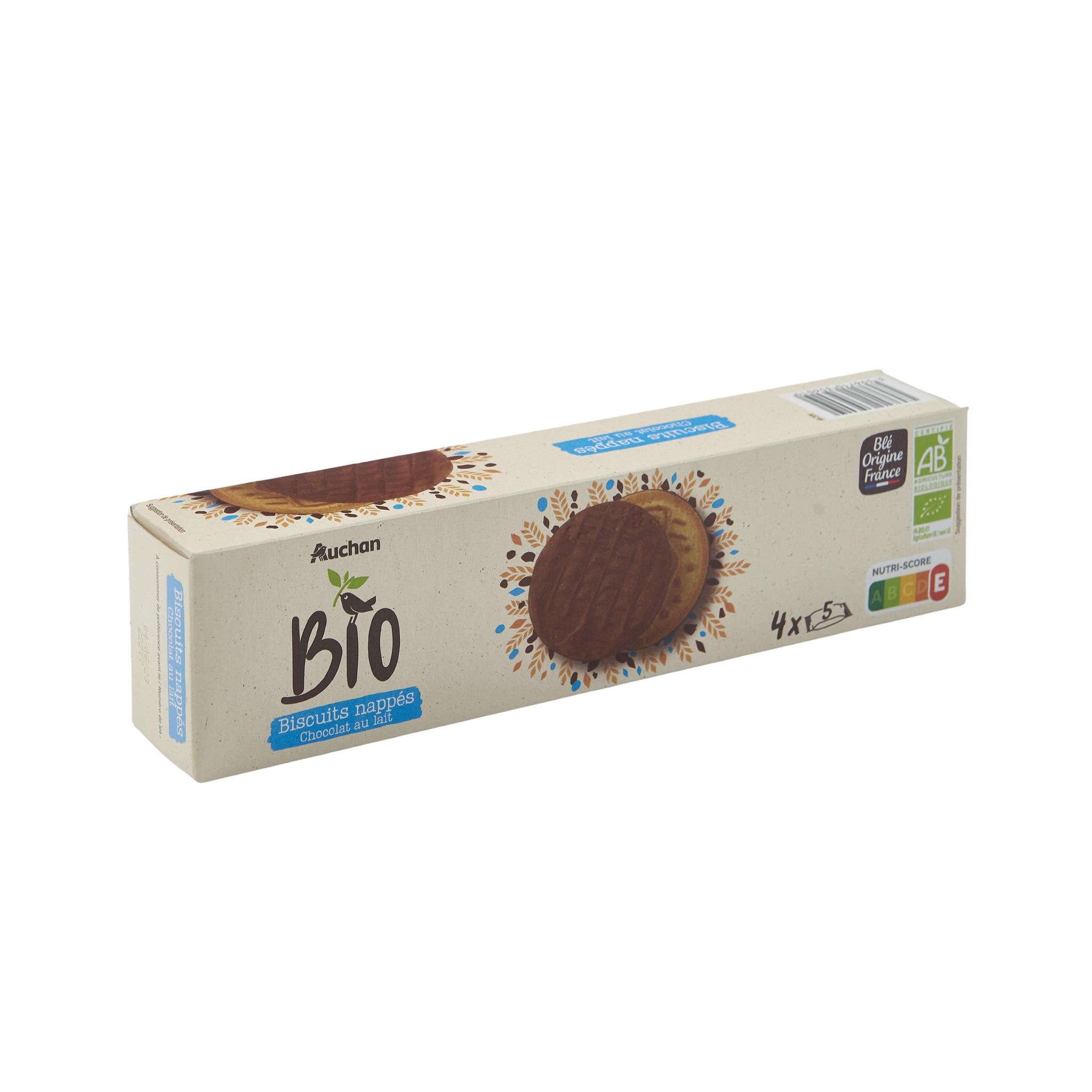 Voir la diapositive 2 : AUCHAN BIO Biscuits nappés au chocolat au lait sachets fraîcheur 4x5 biscuits 210g