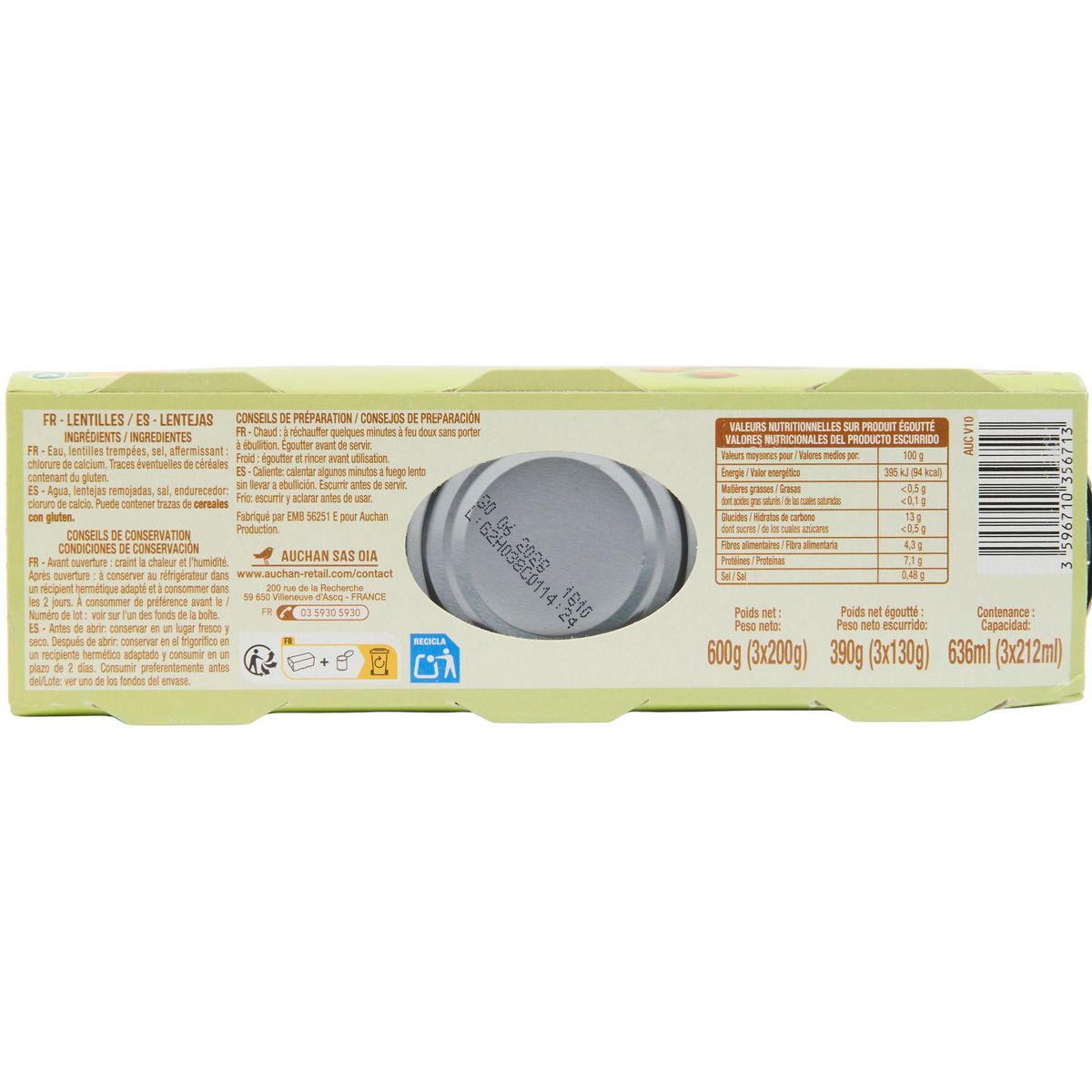 AUCHAN Lentilles 3x130g