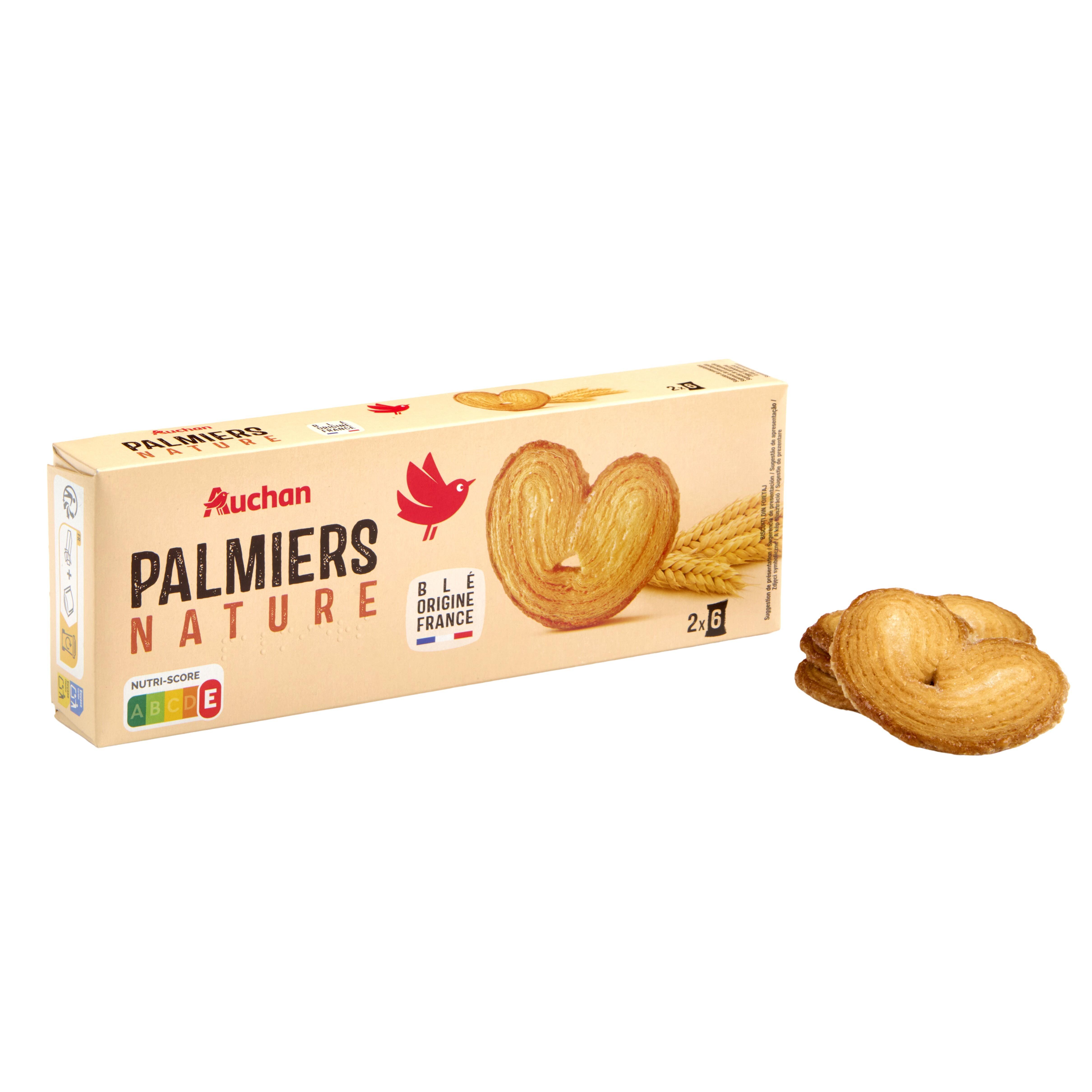 Voir la diapositive 2 : AUCHAN Palmiers nature biscuits feuilletés sachets fraîcheur 2x6 biscuits 100g