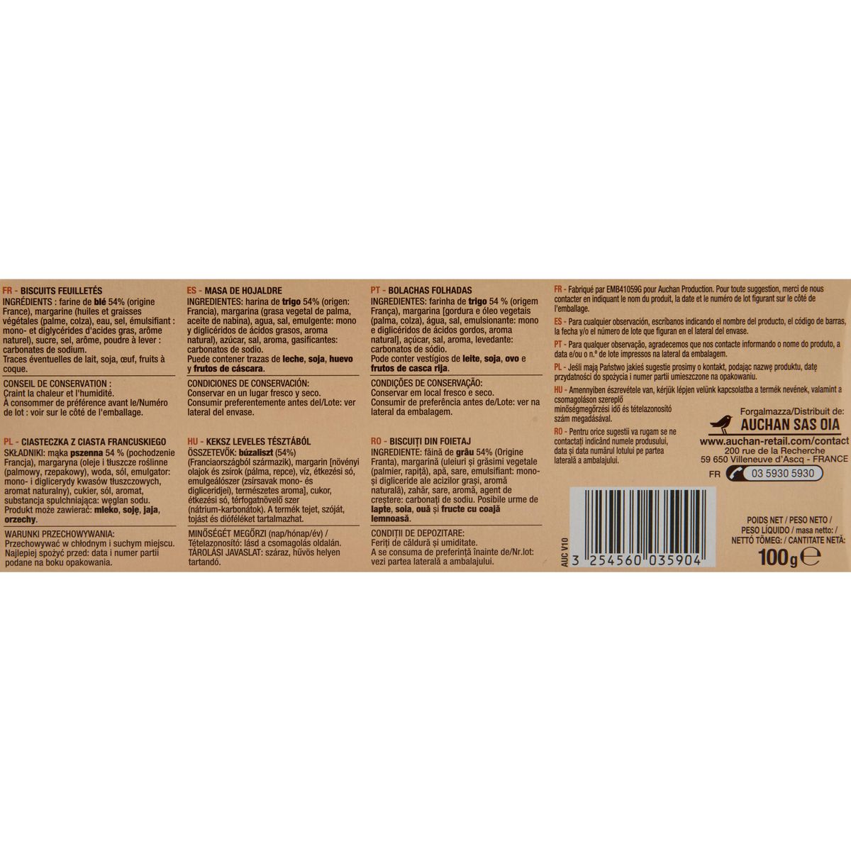 AUCHAN Palmiers nature biscuits feuilletés sachets fraîcheur 2x6 biscuits 100g