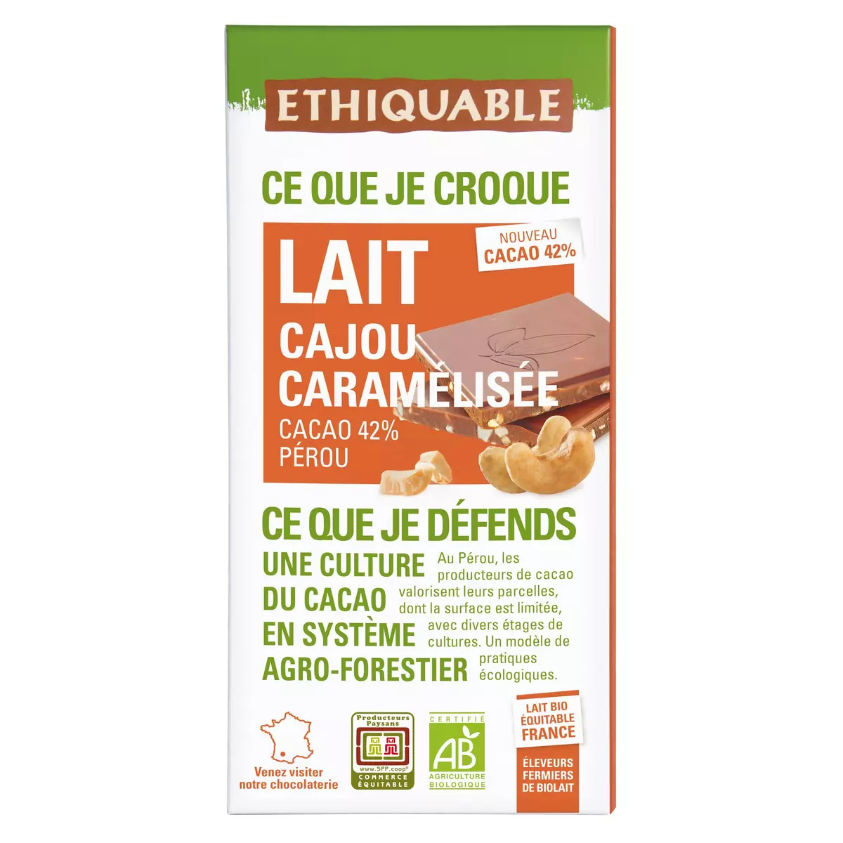 ETHIQUABLE Tablette de chocolat bio au lait cajou caramélisée du Pérou 42% cacao 1 pièce 100g