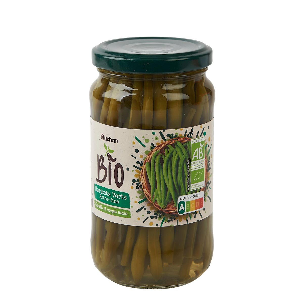 AUCHAN BIO Haricots verts extras fins cueillis et rangés main en bocal 180g