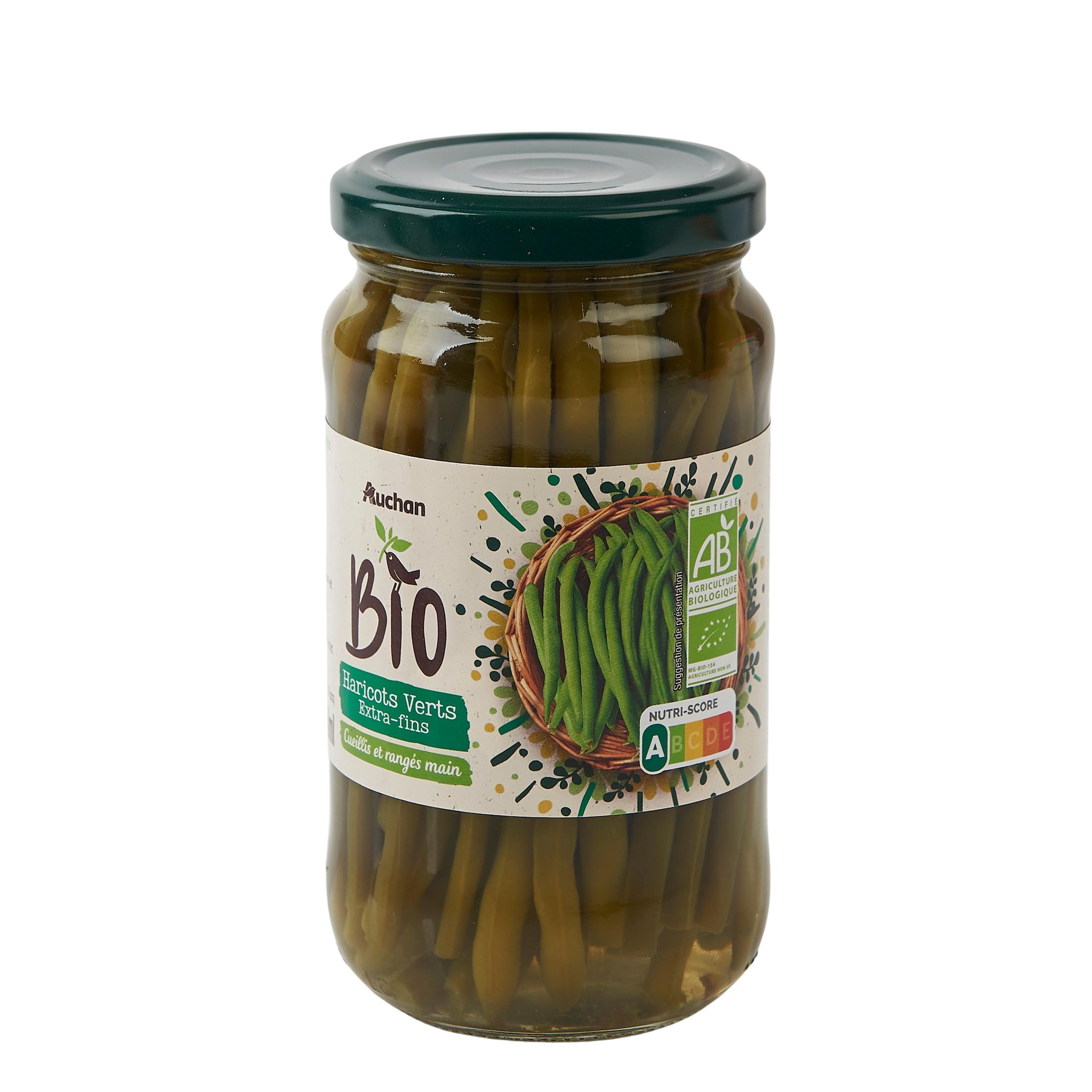 Voir la diapositive 2 : AUCHAN BIO Haricots verts extras fins cueillis et rangés main en bocal 180g