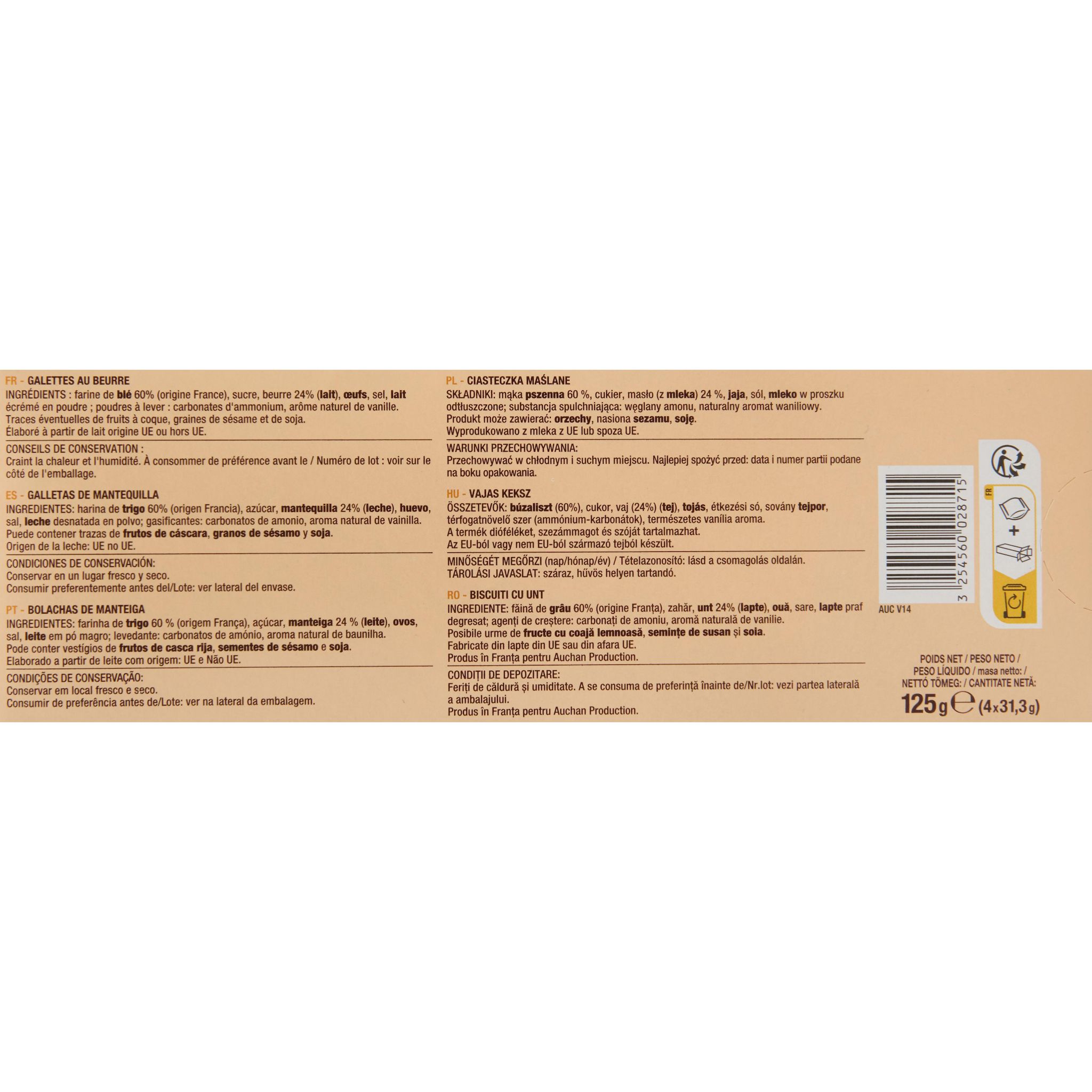 Voir la diapositive 4 : AUCHAN Galettes bretonnes pur beurre 16 biscuits 125g