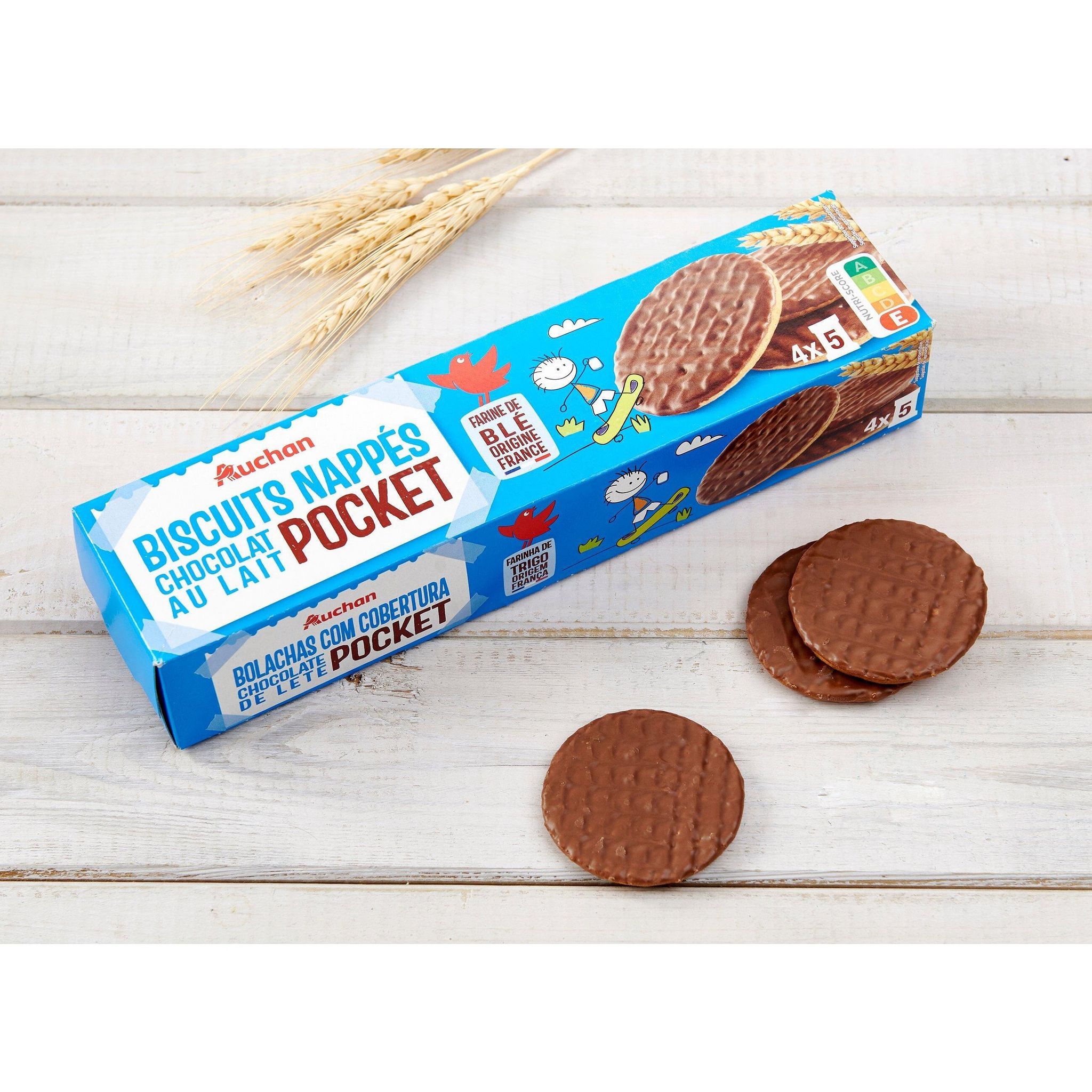 Voir la diapositive 3 : AUCHAN Biscuits nappés de chocolat au lait sachets fraîcheur 4x5 biscuits 200g