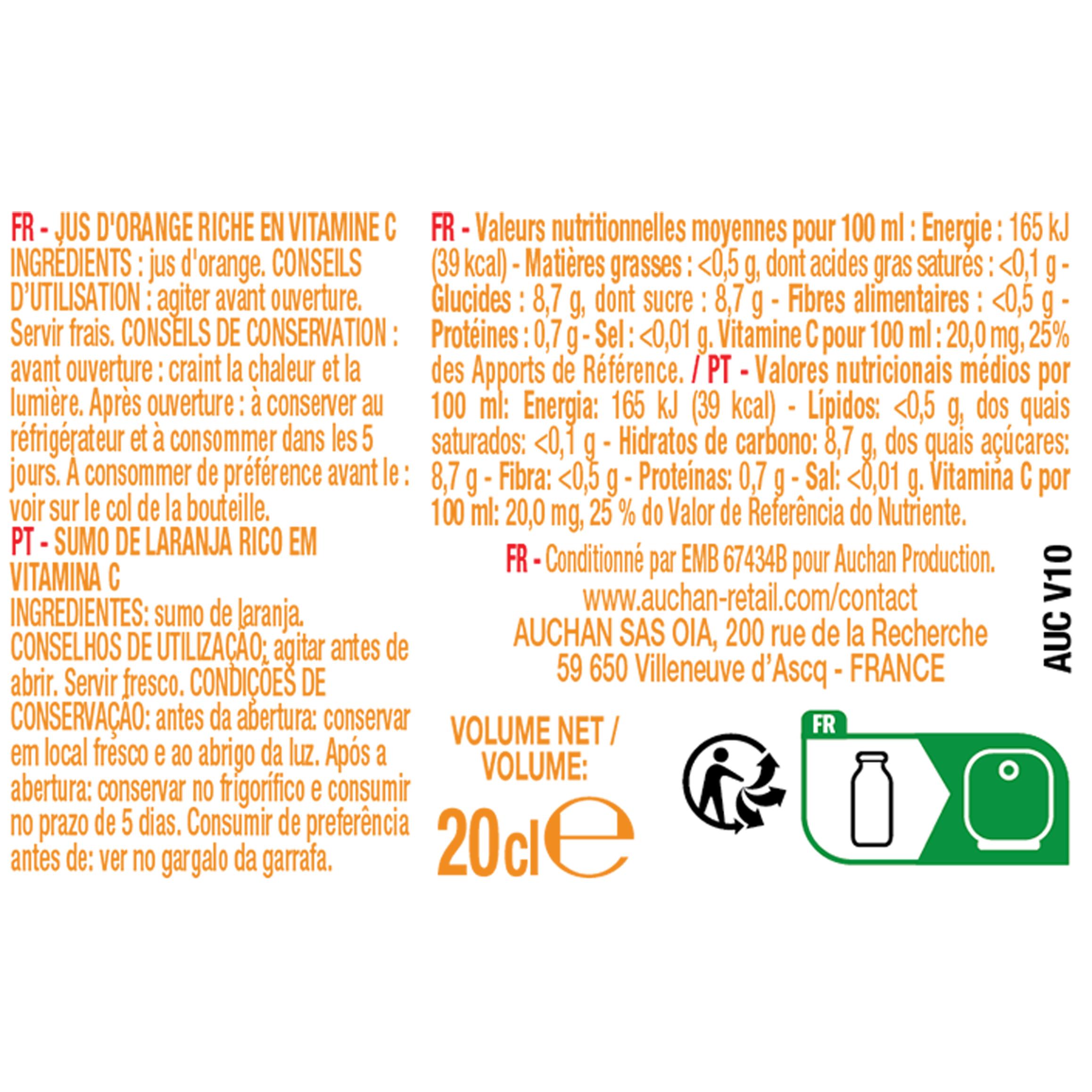 Voir la diapositive 2 : AUCHAN Pur jus d'orange sans sucres ajoutés bouteille 20cl