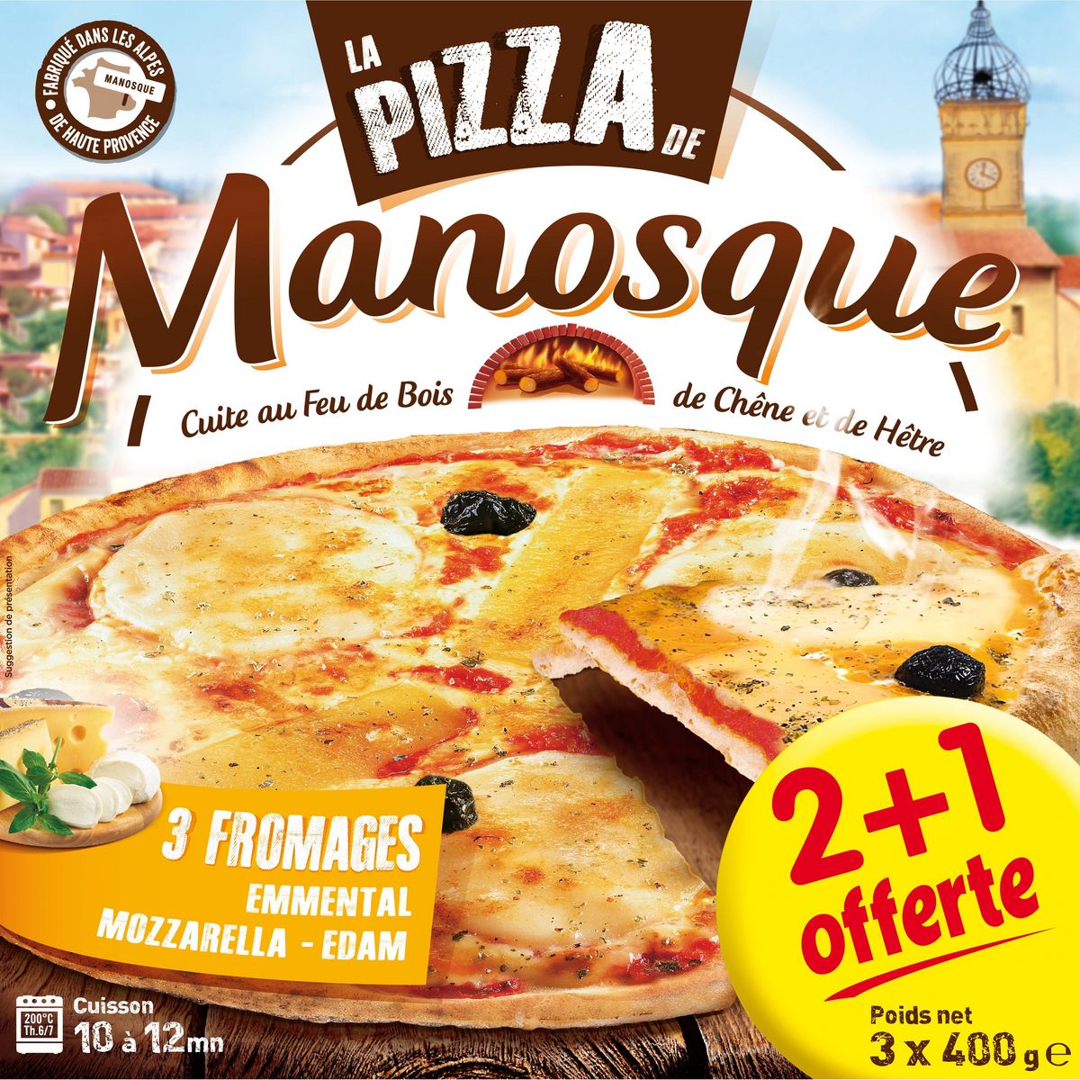 MANOSQUE Pizza 3 fromages cuite au feu de bois de chêne et de hêtre 3 pièces 3x400g