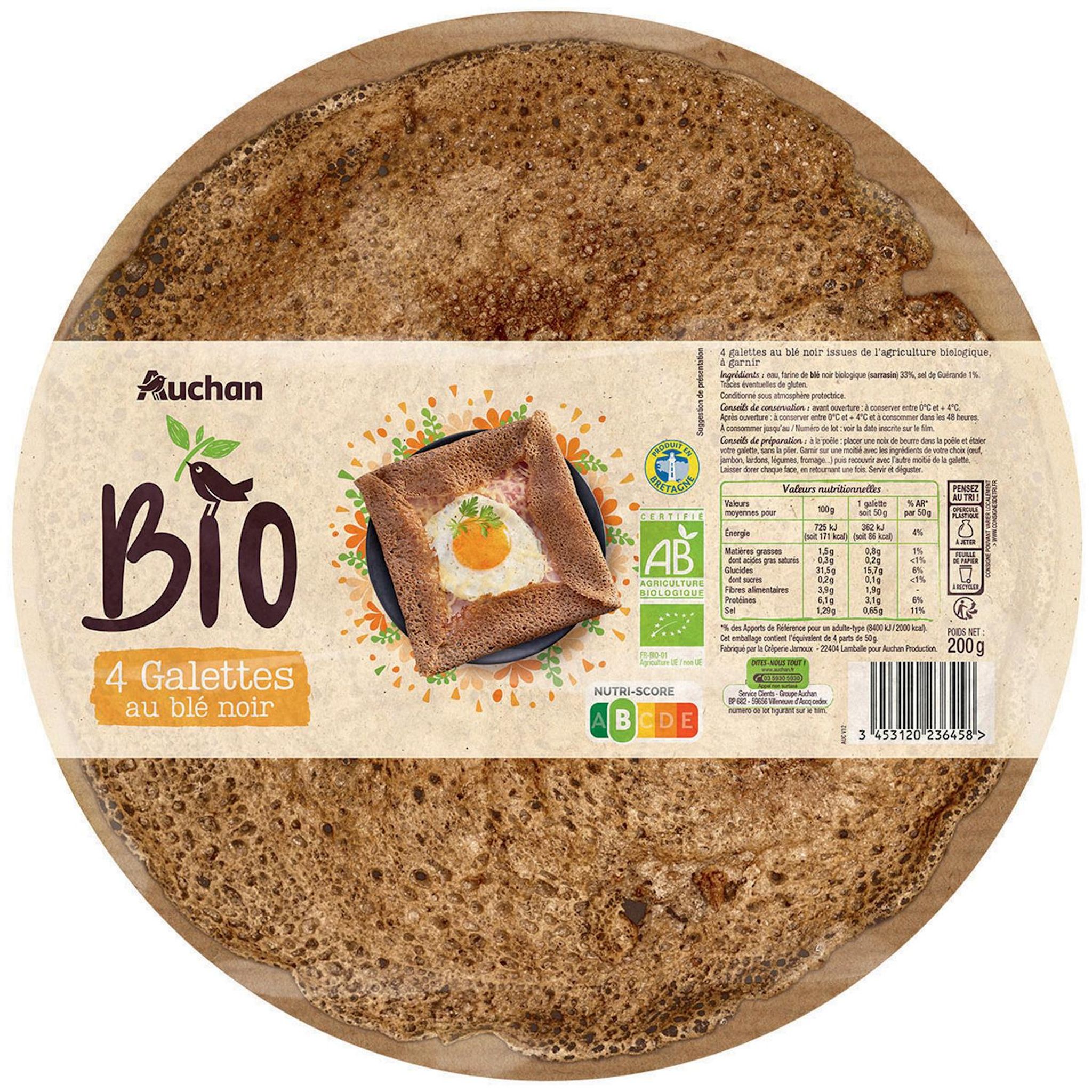 Voir la diapositive 2 : AUCHAN BIO Galettes au blé noir 4 pièces 200g
