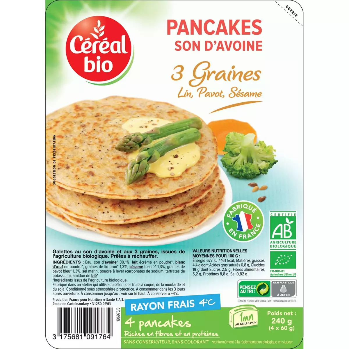 CÉRÉAL BIO Pancakes au son d'avoine aux 3 graines bio 4 pièces 240g