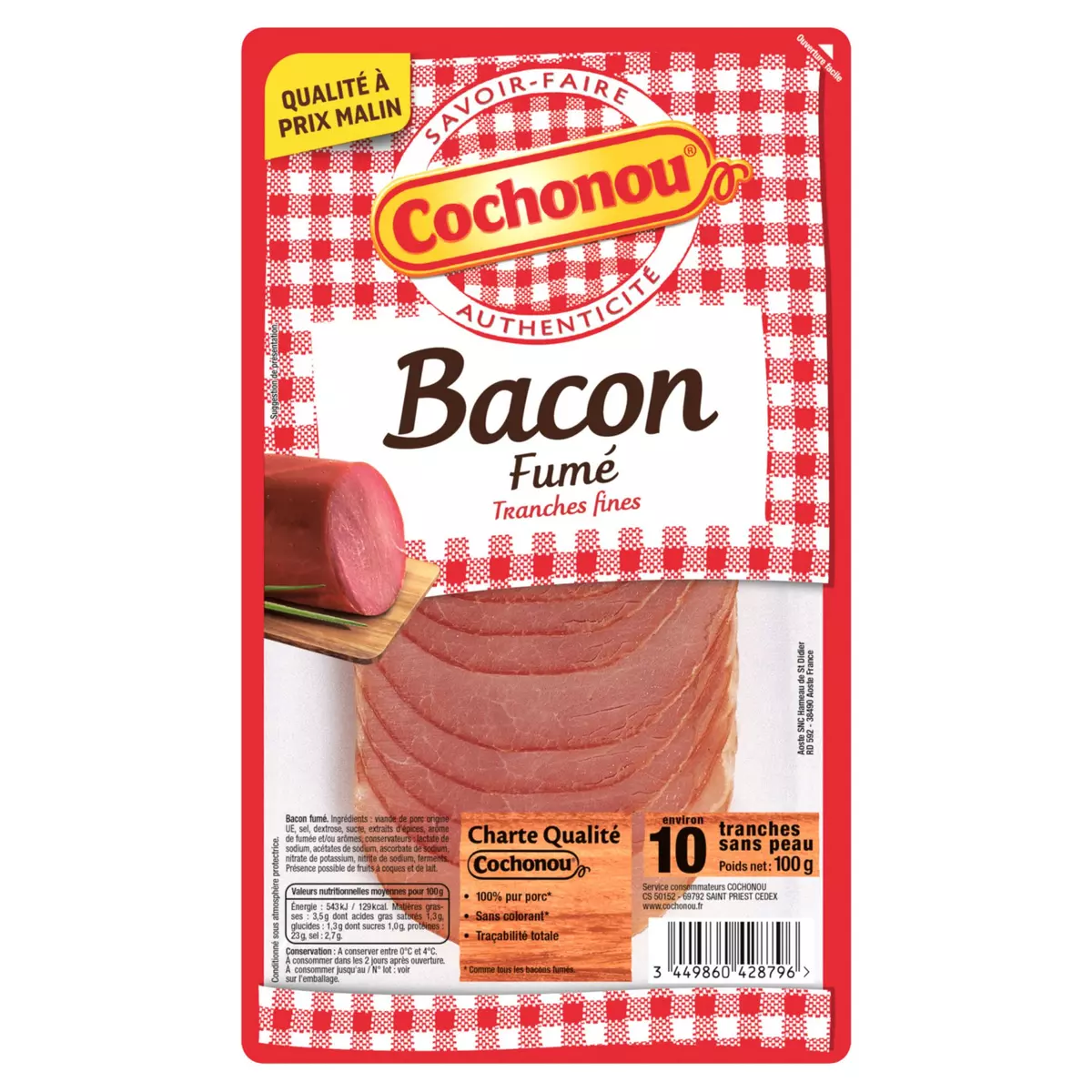 COCHONOU Bacon fumé tranché 10 tranches 100g